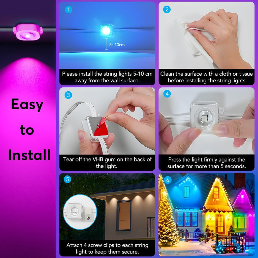 RaThun Permanent Outdoor Lights, Smart Decor with 72 Scene Modes, 100ft with 60 LED Lights, IP67 Waterproof for Outdoor Decorations, Work with App & Remote