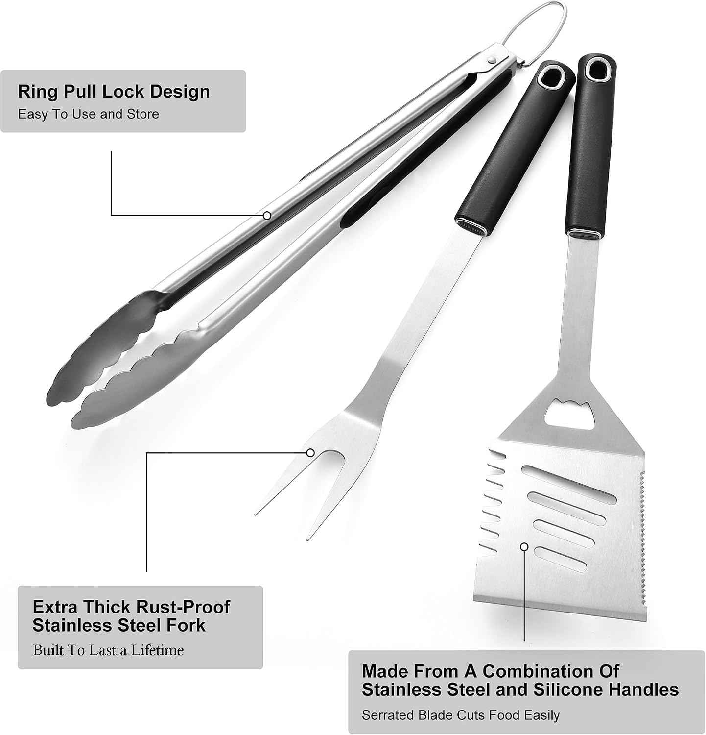 Griddle Accessories Kit - Heavy Duty Grill Tools Set, Grilling Accessories | Stainless Steel BBQ Set with Grill Tongs, Spatula, Fork and Gift-Box for Outdoor Barbecue, Home Grill (3PCS)