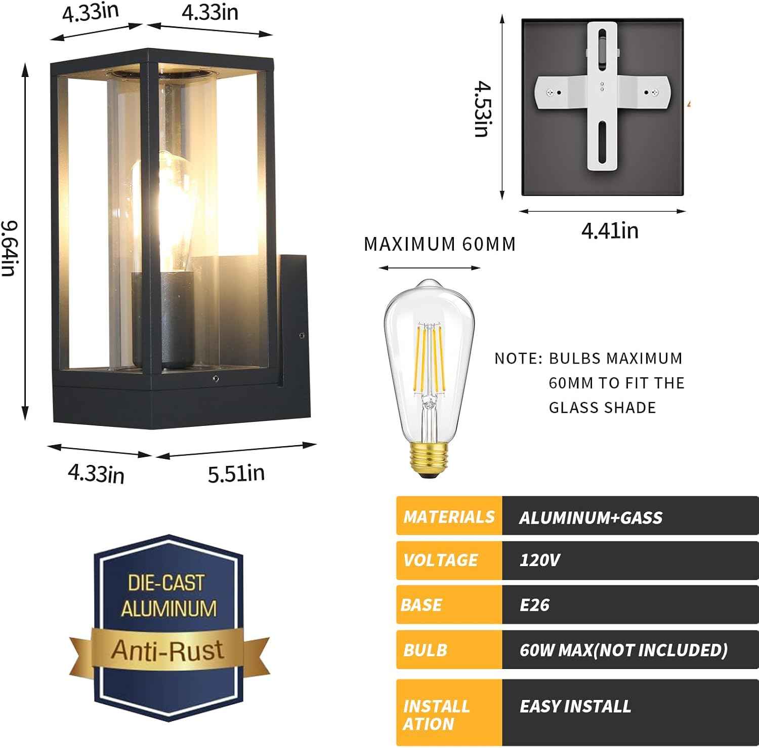 Outdoor Wall Light with Mount,Exterior Wall Lighting, Aluminum Waterproof Porch Light Fixture for Front Door, Patio,Black