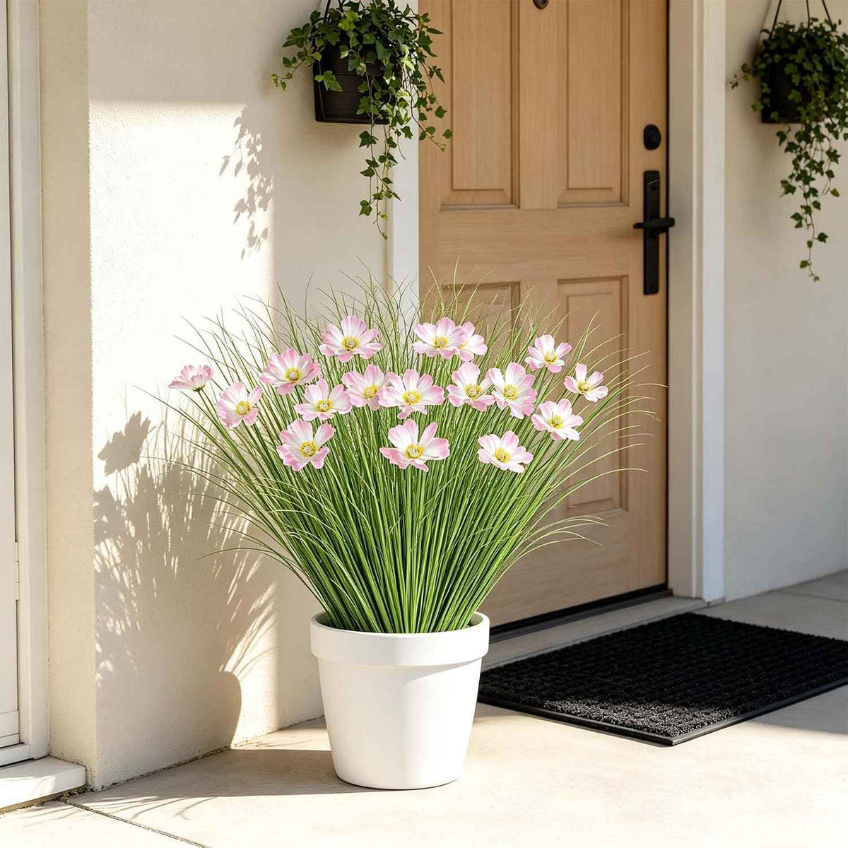 24 Bundles Artificial Onion Grass with Flowers Outdoor Tall Fake Shrubs | UXORSN UV Resistant Onion Grass with Pink Flowers Faux Greenery Stems Artificial Bushes for Garden Porch Window Box Decor