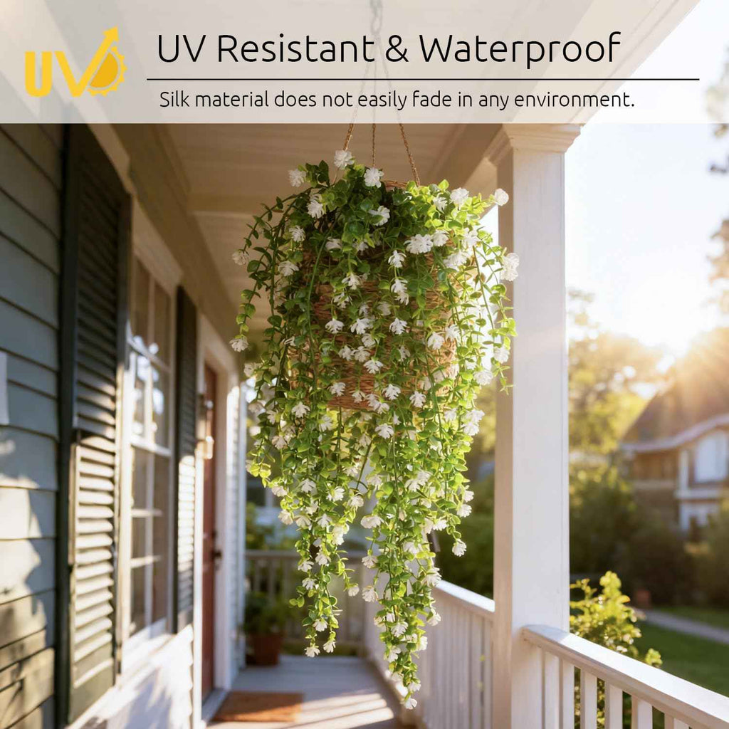 Artificial Hanging Plants, 3PCS Greenery Stems Fake Hanging Plant Eucalyptus Leaves Vine UV Resistant Plastic Plants for Porch Garden Wedding Indoor Outdoor Decor(White)