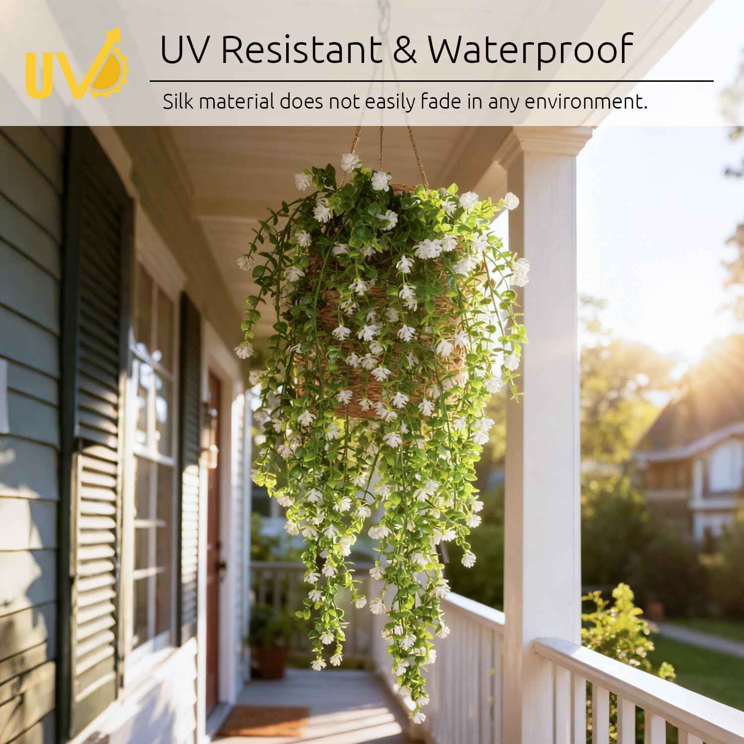 Artificial Hanging Plants, 3PCS Greenery Stems Fake Hanging Plant Eucalyptus Leaves Vine UV Resistant Plastic Plants for Porch Garden Wedding Indoor Outdoor Decor(White)