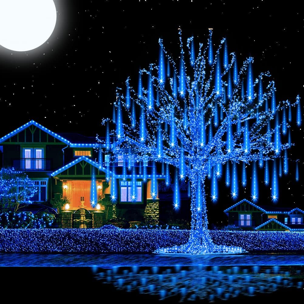 Aukora Christmas Lights Outdoor, UL Certified Blue Meteor Shower Lights | 8Tubes 192LED Falling Rain Drop Snow Icicle String Lights, Decor for Xmas Tree Party Wedding Holiday Yard Backyard Patio