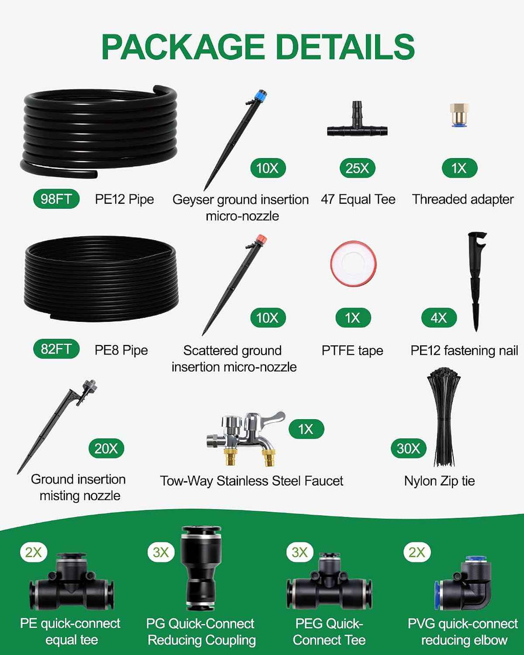 Drip Irrigation System for Garden, 180FT Tubing | Auto watering system with 1/2" & 1/3" tubing, dual faucet, adjustable nozzle emitters. For greenhouse, lawn, potted plants