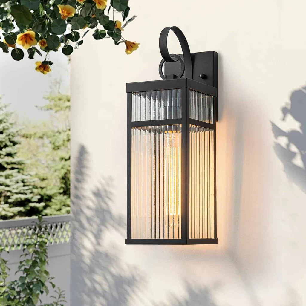 Outdoor Wall Lights, 16 inch Black Wall Sconce, Modern Exterior Lighting Fixture, Porch Lantern Wall Mount with Striped Glass for Patio, House,1 Pack