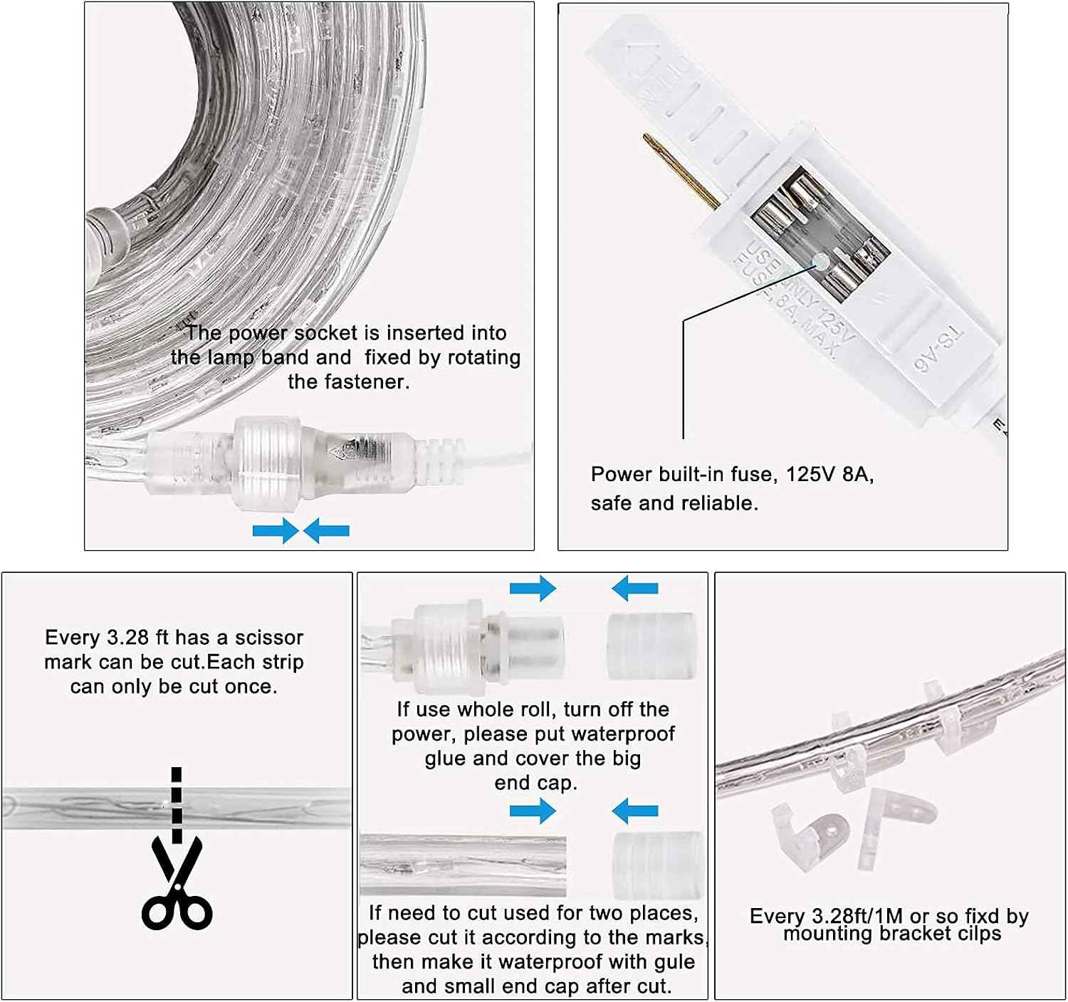 SURNIE Rope Lights Outdoor Waterproof Daylight White: LED 50FT Cuttable Outside Bright 110V Lighting Connectable Flexible Plug Cool Clear Tube, Indoor Deck Patio Xmas Camping Decor, Not Flat Strip