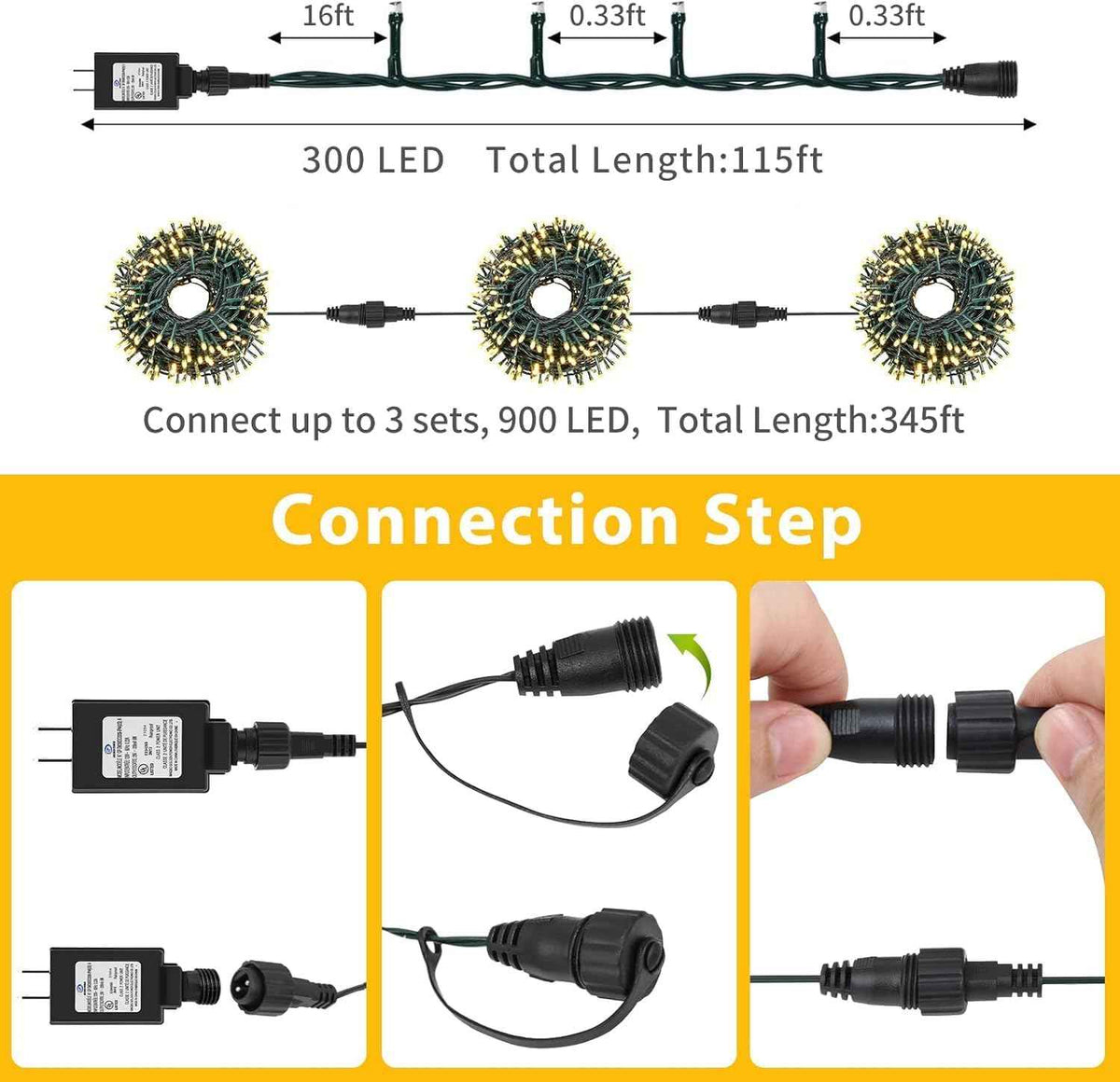 QUWIN Waterproof LED Outdoor Christmas String Lights, 115Ft 300 LED UL Certified 8 Modes with End-to-End Plug, Indoor & Outside Fairy Light for Christmas Tree, Patio, Wedding, Party (Warm White)