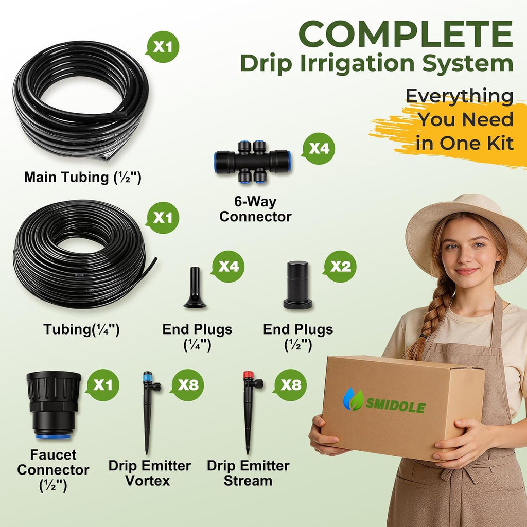 100FT Drip Irrigation System Kit, Quick Connect Garden Watering System, Easy Install Drip Irrigation Kit with 1/2" & 1/4" Tubing, Adjustable Emitters for Garden, Raised Beds, Greenhouse