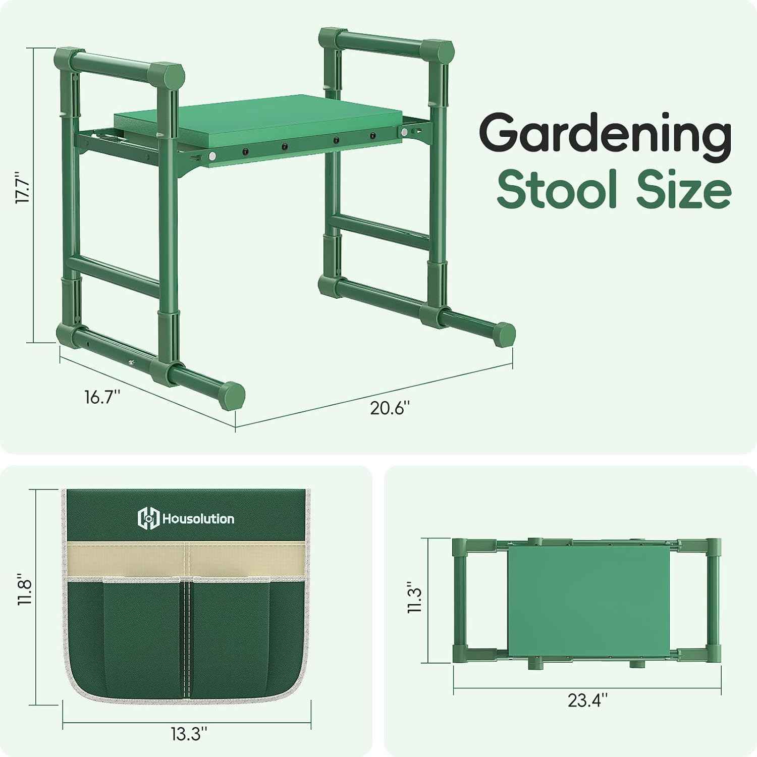 Housolution Garden Kneeler and Seat with Anti-Tipping Extendable Legs | Foldable and Portable Garden Stool with 2 Tool Bags, Thick Soft Kneeling Pad, Gardening Gifts for Women Men Seniors, Green