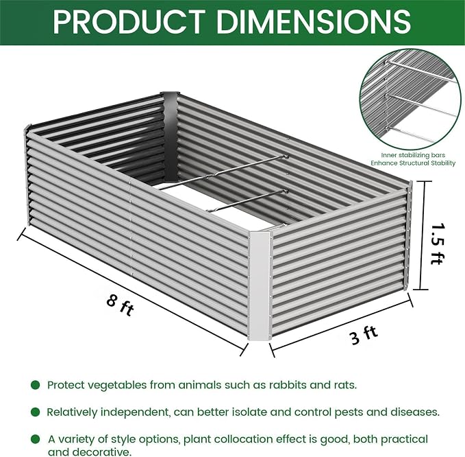 FRIZIONE 2pcs Tall 8x3x1.5ft Galvanized Raised Garden Bed Outdoor, Steel Garden - Image 3
