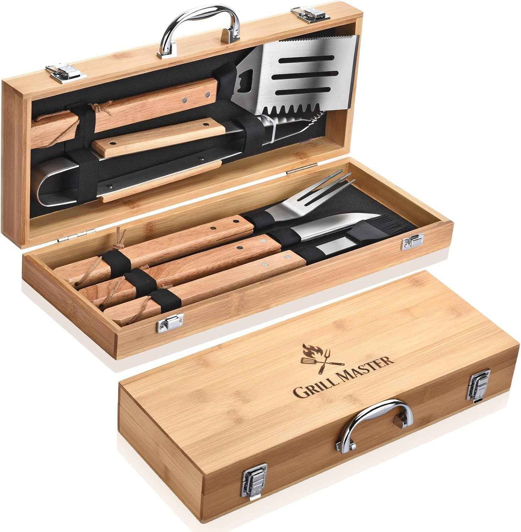 5-Piece BBQ Tools Set with Bamboo Case, Wooden Handle Stainless Steel Grill Accessories for Outdoor Cooking,Camping and Barbecue
