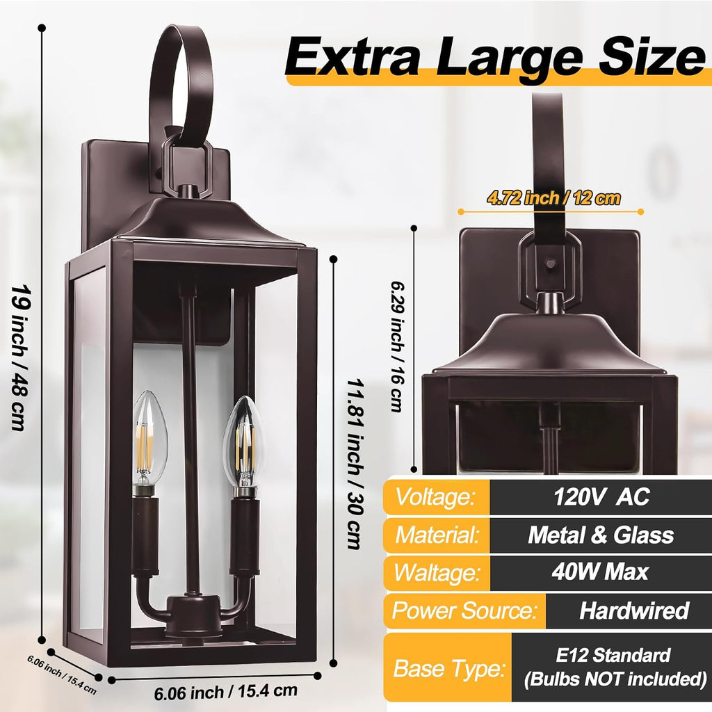 19" Large Oil Rubbed Bronze Outdoor Wall Lights, Waterproof Porch Lights | Modern Outdoor Light Fxture Farmhouse Outside Wall Lantern 2-Light, Anti-Rust Carriage Lights with Clear Glass, E12, 2-Pack