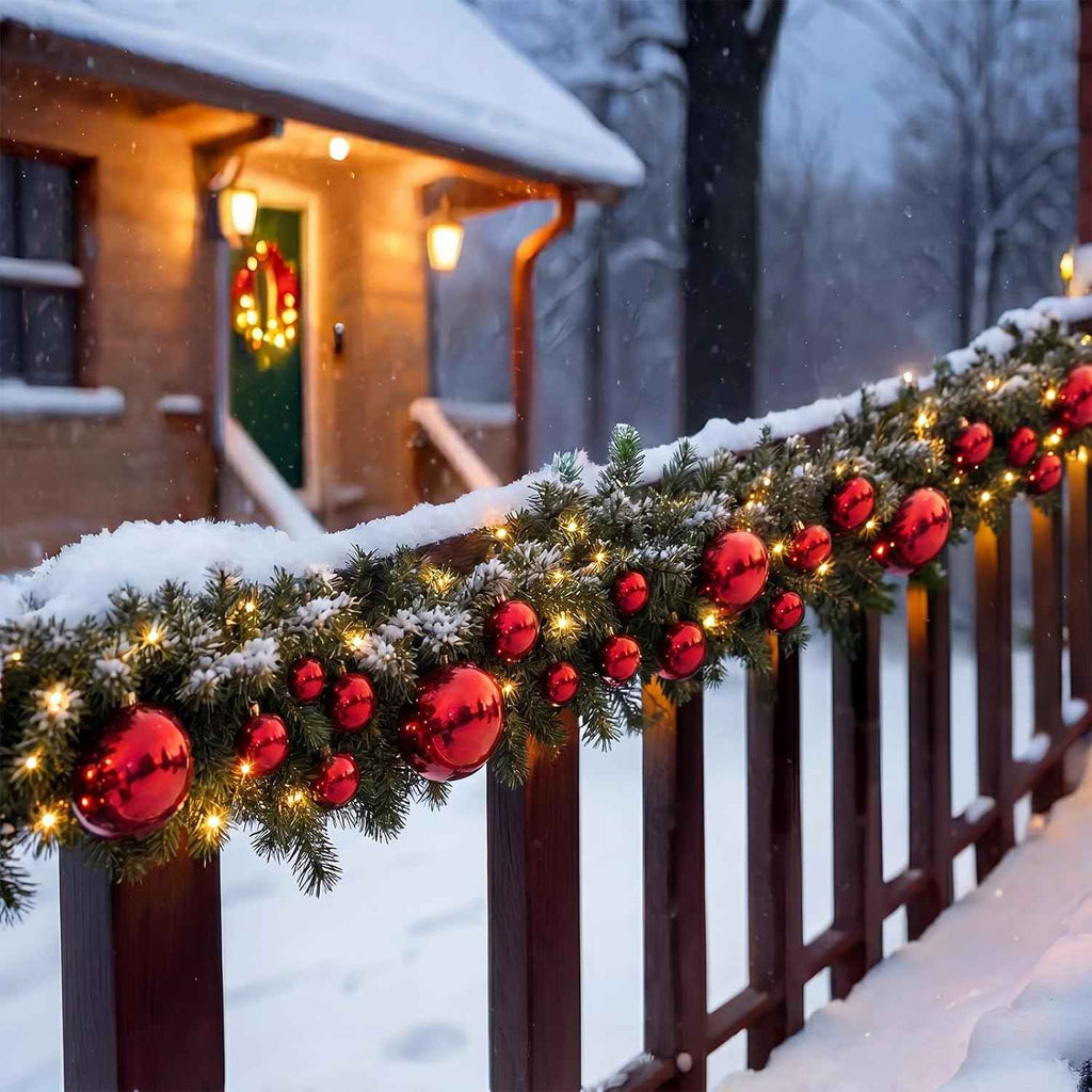 Knitgrip 2 Pack 9ft Christmas Garland Fence Decorations Outdoor with with Solar Light, 40 Pcs Red Balls Ornaments and 100 Pcs Cable Ties for Patio Eaves Railing Porch Door Staircase Yard Holiday