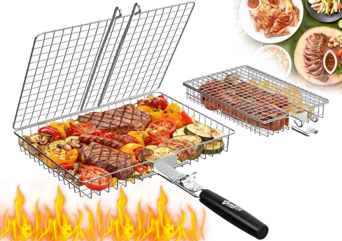 Grill Baskets for Outdoor Grill,Removable Wooden Handle,2PCS | Stainless Steel BBQ Grilling Basket,Camping Cooking Accessories for Meat Fish Vegetable Seafood, Gifts for Men Dad Husband