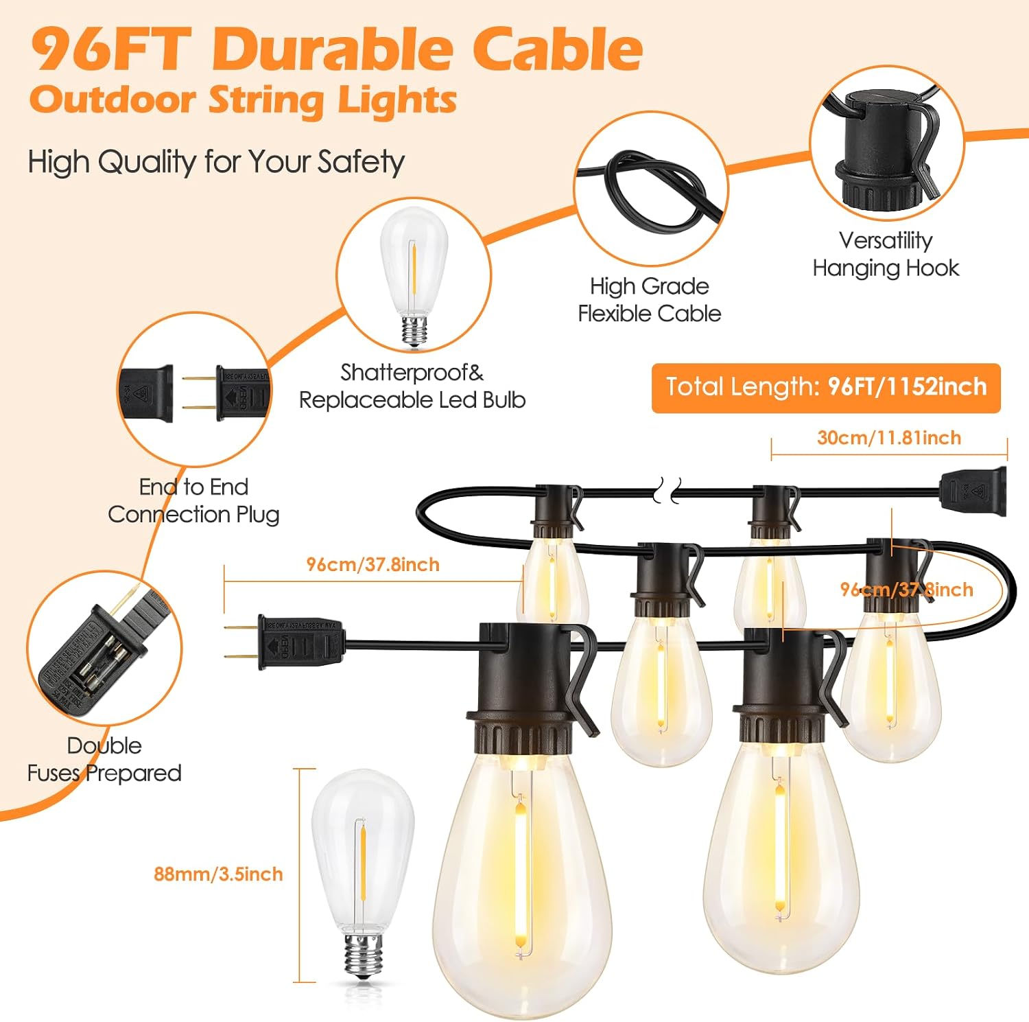 Larkvue 96FT LED Outdoor String Lights, 30+2 S14 Edison Bulbs, Black | Waterproof, Shatterproof, Connectable, Energy-saving, Plug in, Dimmable, Hanging Lamp for Backyard Patio Garden Decor