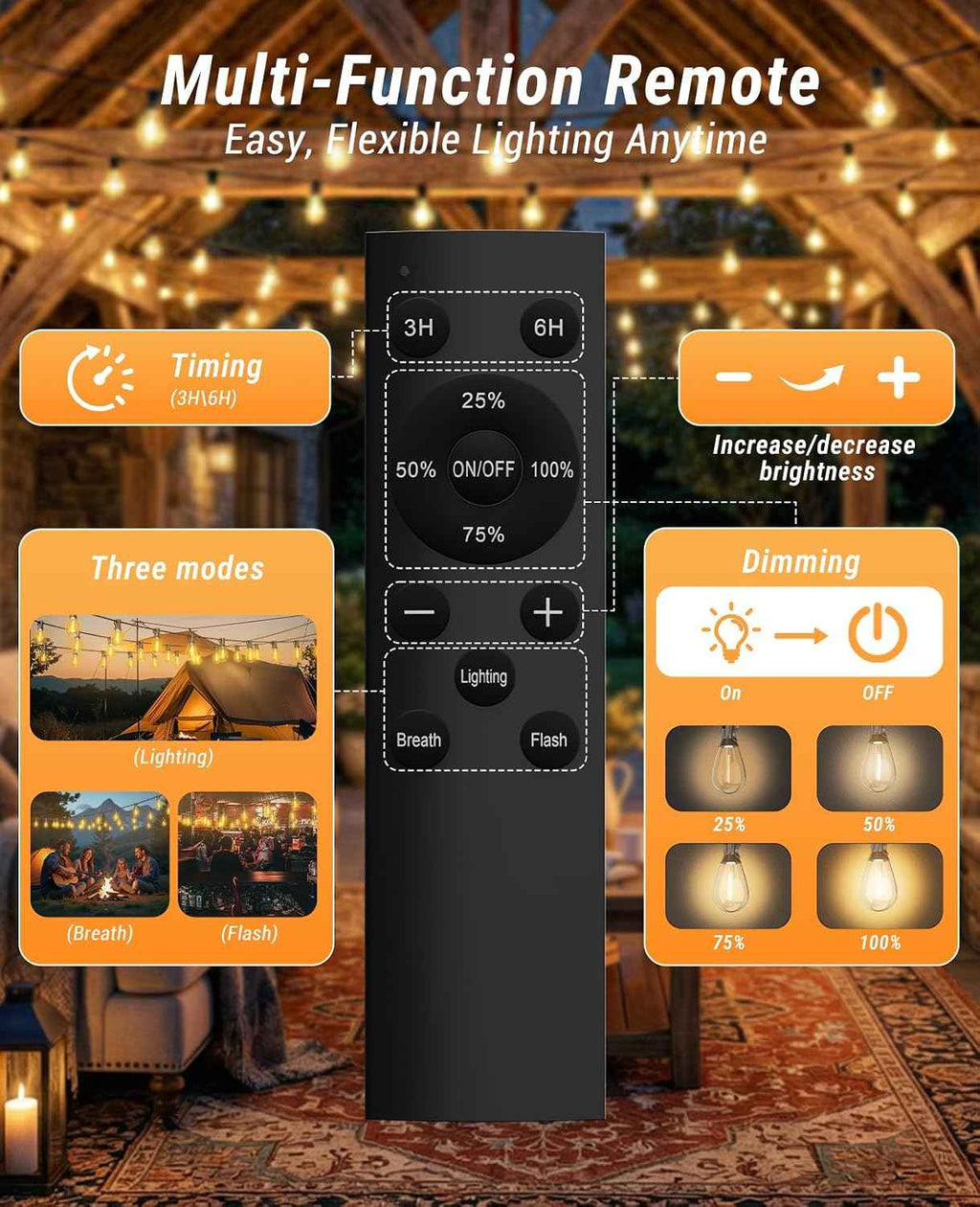 Tenmiro 200FT LED Outdoor String Lights with Remote, 72+2 Shatterproof Bulbs Dimmable Timing 3 Light Modes Outside Patio Lights for Backyard Porch Deck Garden Balcony Pool party Hanging Lighting Decor