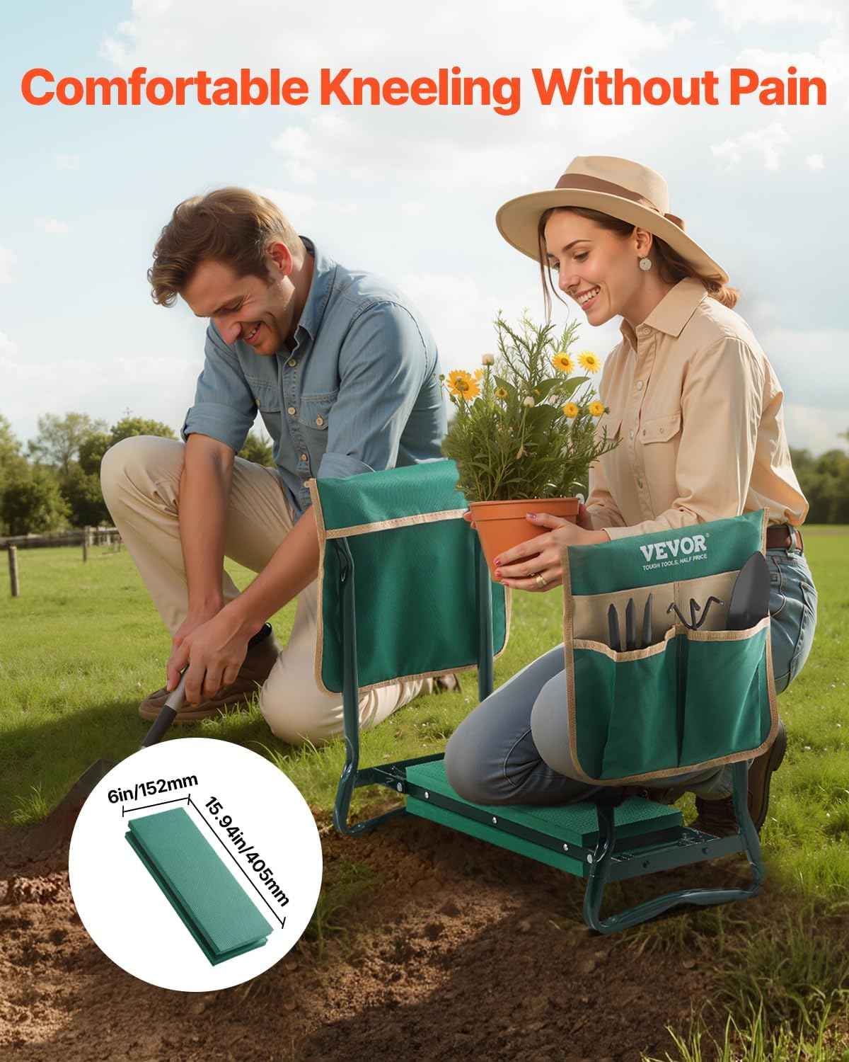 VEVOR Garden Kneeler and Seat Heavy Duty, Kneeling Bench for Gardening | Portable Garden Stool with Kneeling Pad and 2 Tool Bags, Garden Chair to Relieve Knee & Back Pain, Great Gifts for Seniors