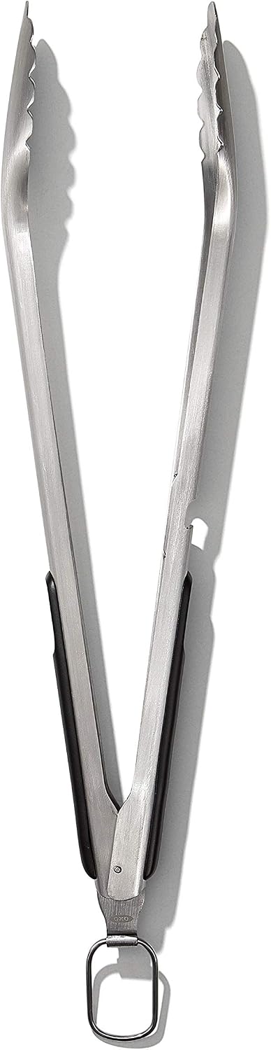 OXO Outdoor Grilling Turner and Tongs Set | Grilling Spatula and Tongs, Beveled Head Slides Under Food, Non-Slip Grip, Hanging Ring, Ideal for Grilling & BBQ