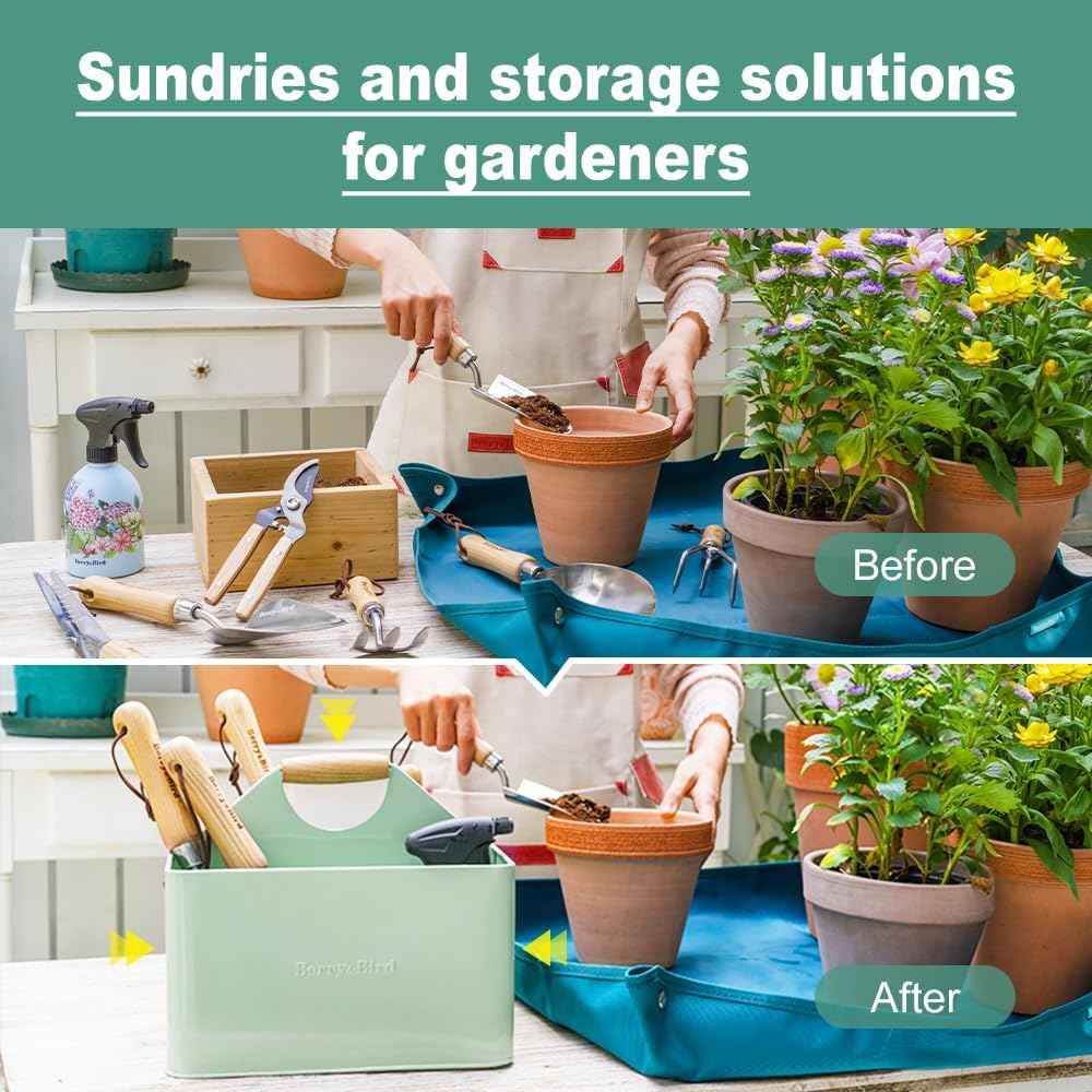 Berry&Bird Garden Tool Organizer, Metal Garden Caddy with 4 Compartments | Gardening Tools Box for Indoor & Outdoor, Wooden Handle Garden Tool Basket, Practical Gardener Gift for Gardening Lovers