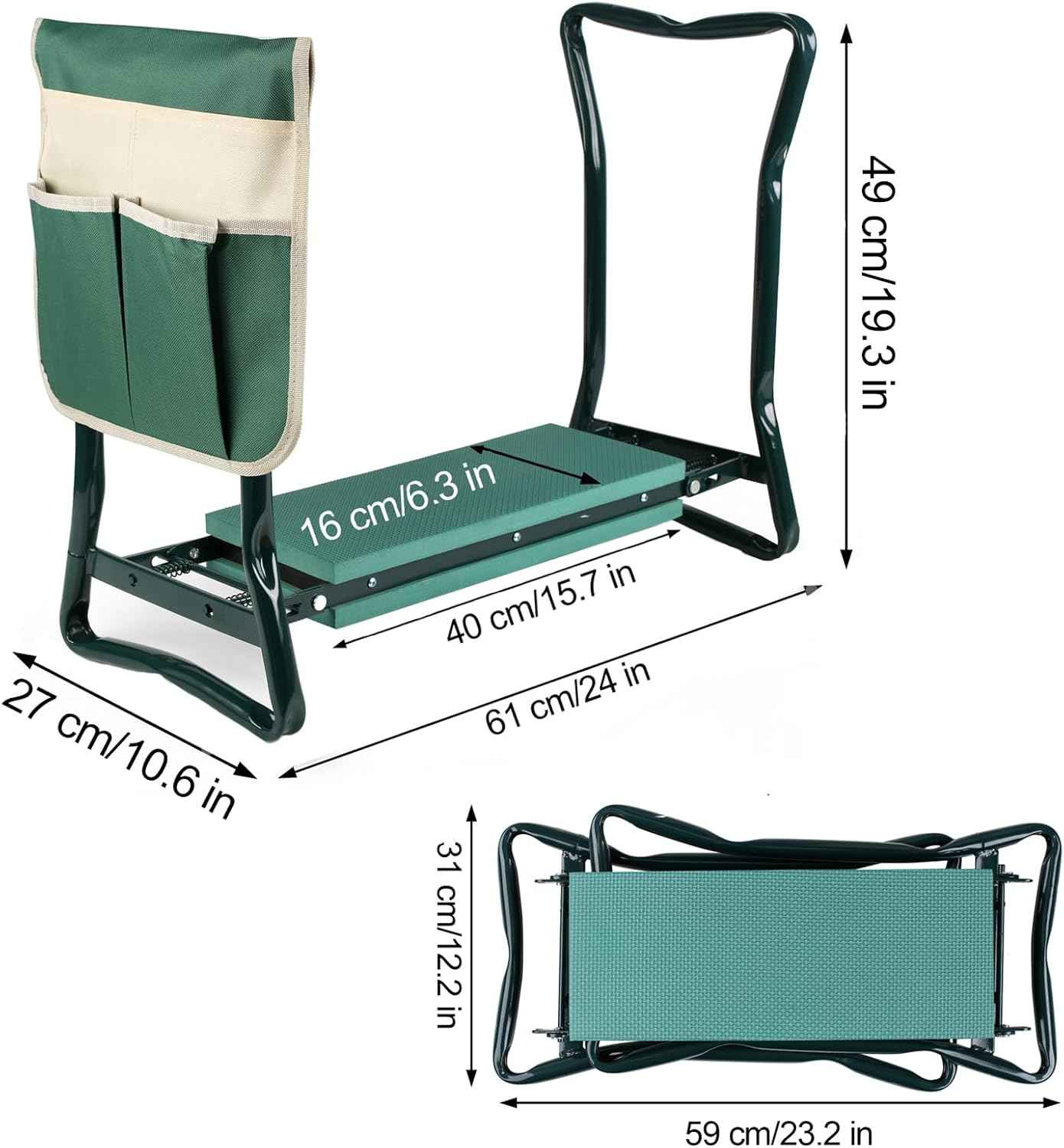 Roixeeds Garden Kneeler and Seat Foldable Gardening Bench Stool with Tool Bag Pouch EVA Foam Pad Outdoor Practical Garden Tools for Kneeling and Sitting Sturdy and Lightweight, Green