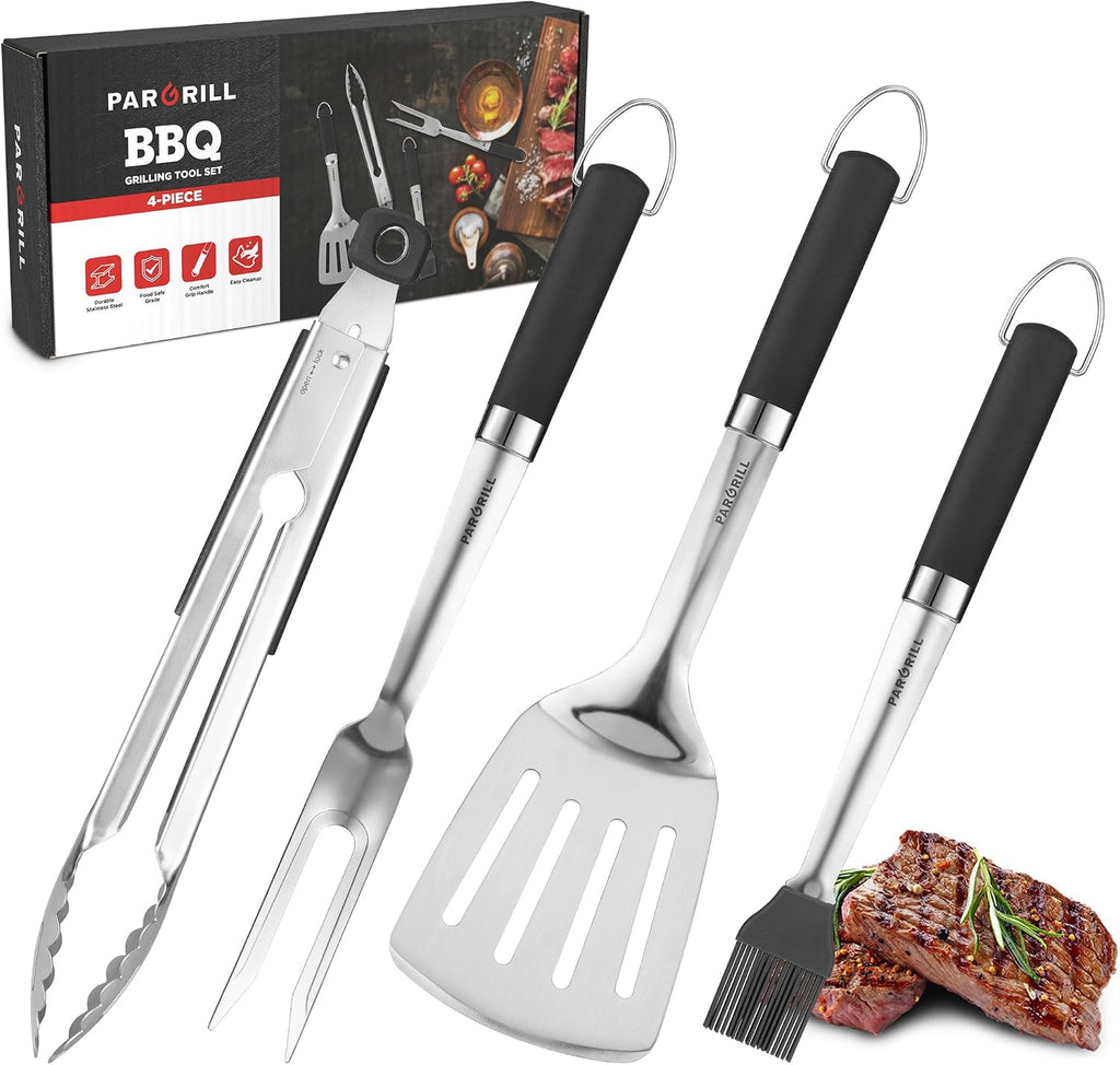 PARGRILL Grill Accessories Heavy Duty BBQ Set Gifts for Men/Women - Premium Stainless Steel Spatula, Fork, Brush & Tongs, Barbecue Utensils Tool Kit Gift for Grilling Lover Outdoor