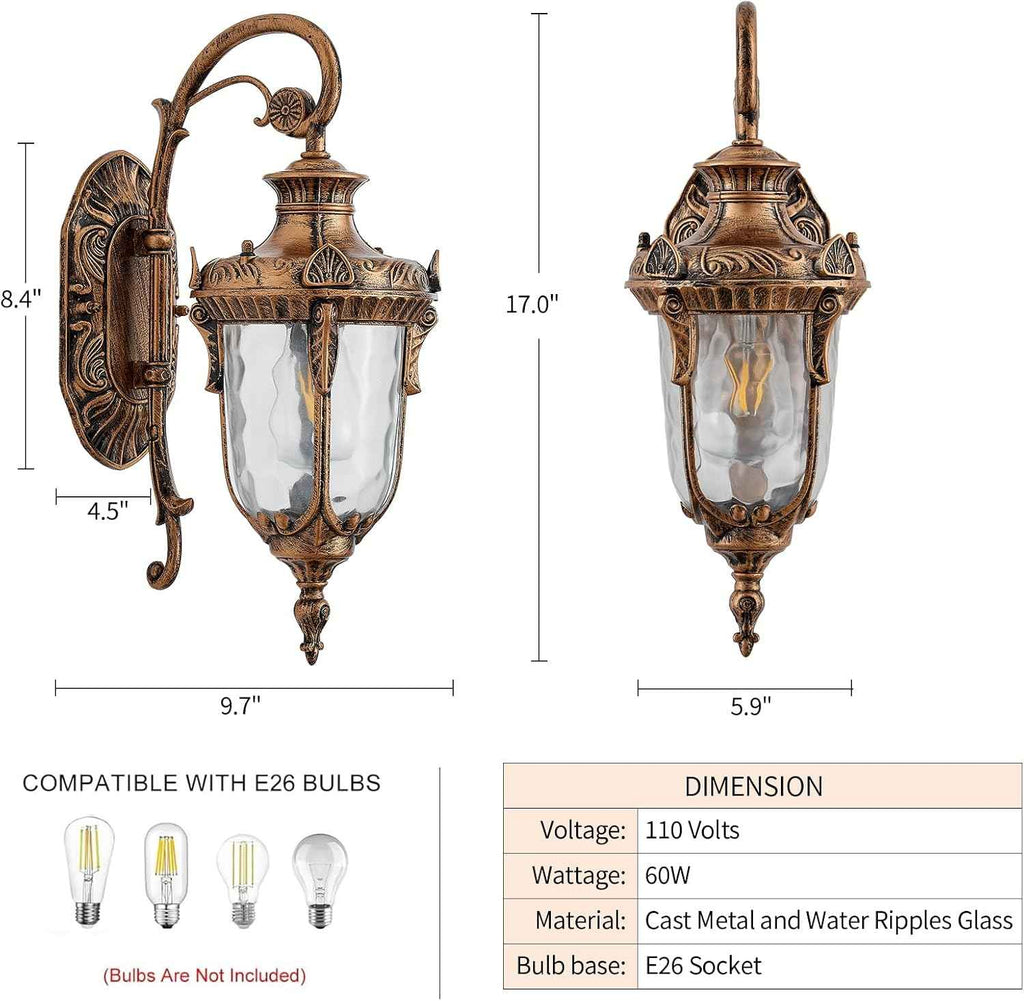 Vintage Gold Outdoor Wall Light Fixtures 17" Outside Wall Lantern Waterproof Exterior Porch Lights with Hammered Glass Shade Wall Sconce Light for House Front Door Garage Doorway Yard