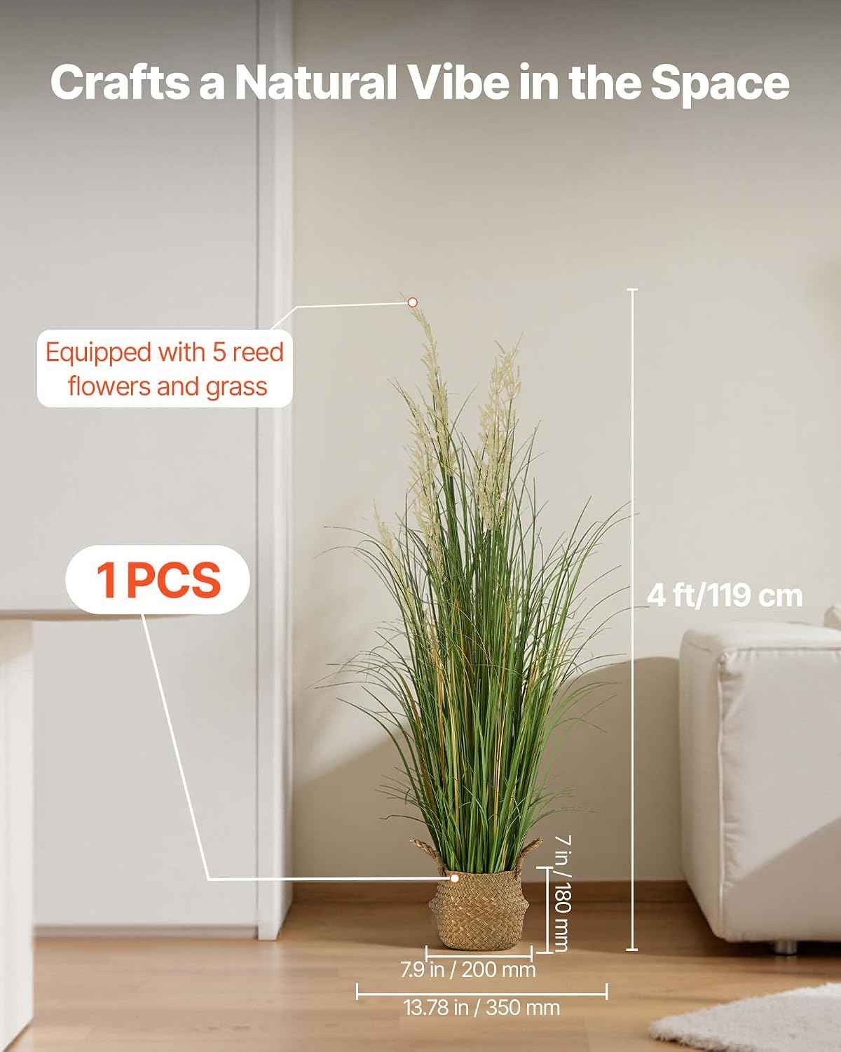 VEVOR Artificial Grass Plant, 47 inch Reed Flower Grass in Pot, Premium PVC Faux Fake Greenery Shrubs Plant for Indoor Outdoor House Home Garden Office Room Décor, Housewarming, 1 Pack Green