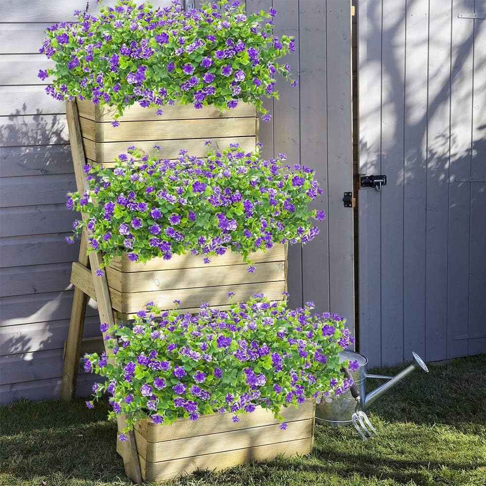 Grunyia 10 Bundles Artificial Fake Flowers, Faux Outdoor Plastic Plants UV Resistant Shrubs Outside Indoor Decorations (Blue-Eucalyptus)