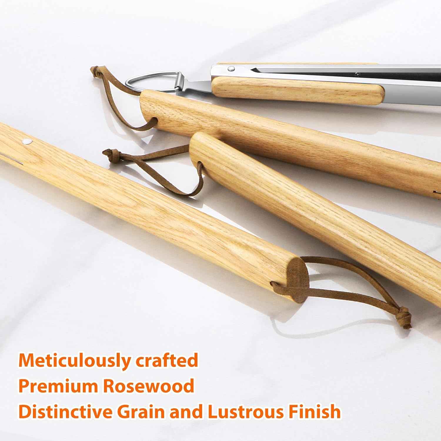 5 pcs Heavy-Duty Wooden BBQ Grilling Tools Set, Extra Thick Stainless Steel Multi-Functional Spatula, Fork, Tong, Oiling Brush & Cleaning Brush - an Excellent Barbecue Gift for Men