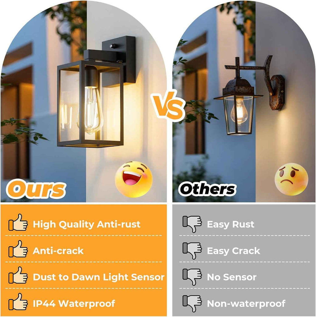 FOLKSMATE 2 Pack Dusk to Dawn Outdoor Wall Light Fixtures, Exterior Porch Light, Waterproof Wall Sconces Lanterns, Sensor Lighting Wall Mount for House Doorway Garage, Black