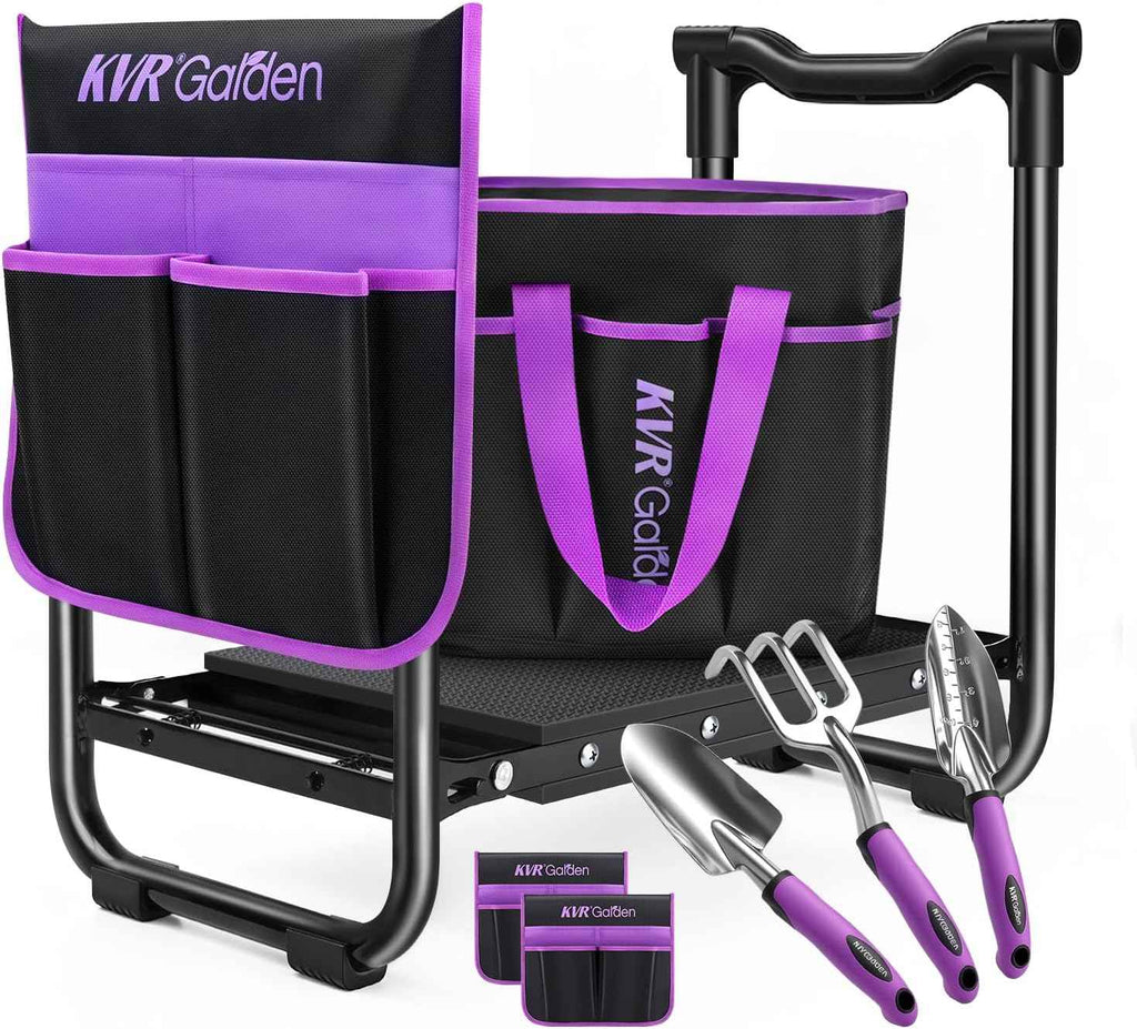 Garden Stool & Kneeler 7-Piece Set with 3 Aluminum Tools, Double-Layer Tote Bag & 2 Side Pouches - Foldable Gardening Bench Kit - Ideal Gifts for Women Mom Seniors (Purple)
