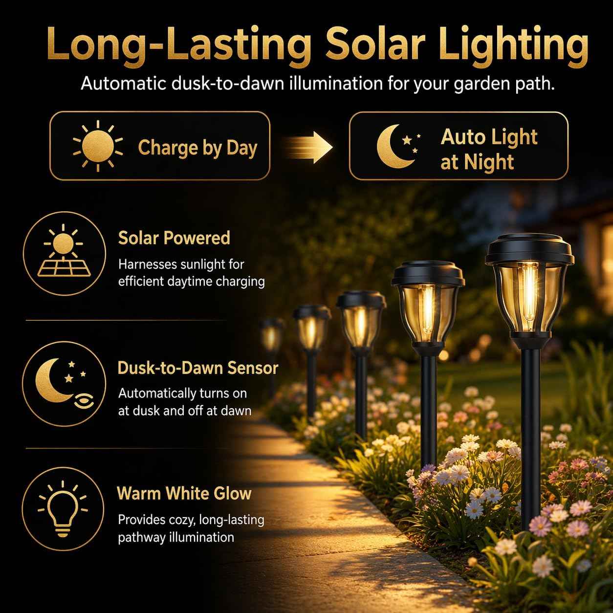 DERAYSION 12 Pack Solar Lights Outdoor, Solar Pathway Lights Auto On/Off Waterproof Garden Landscape Lighting for Path, Yard, Walkway, Driveway Decor
