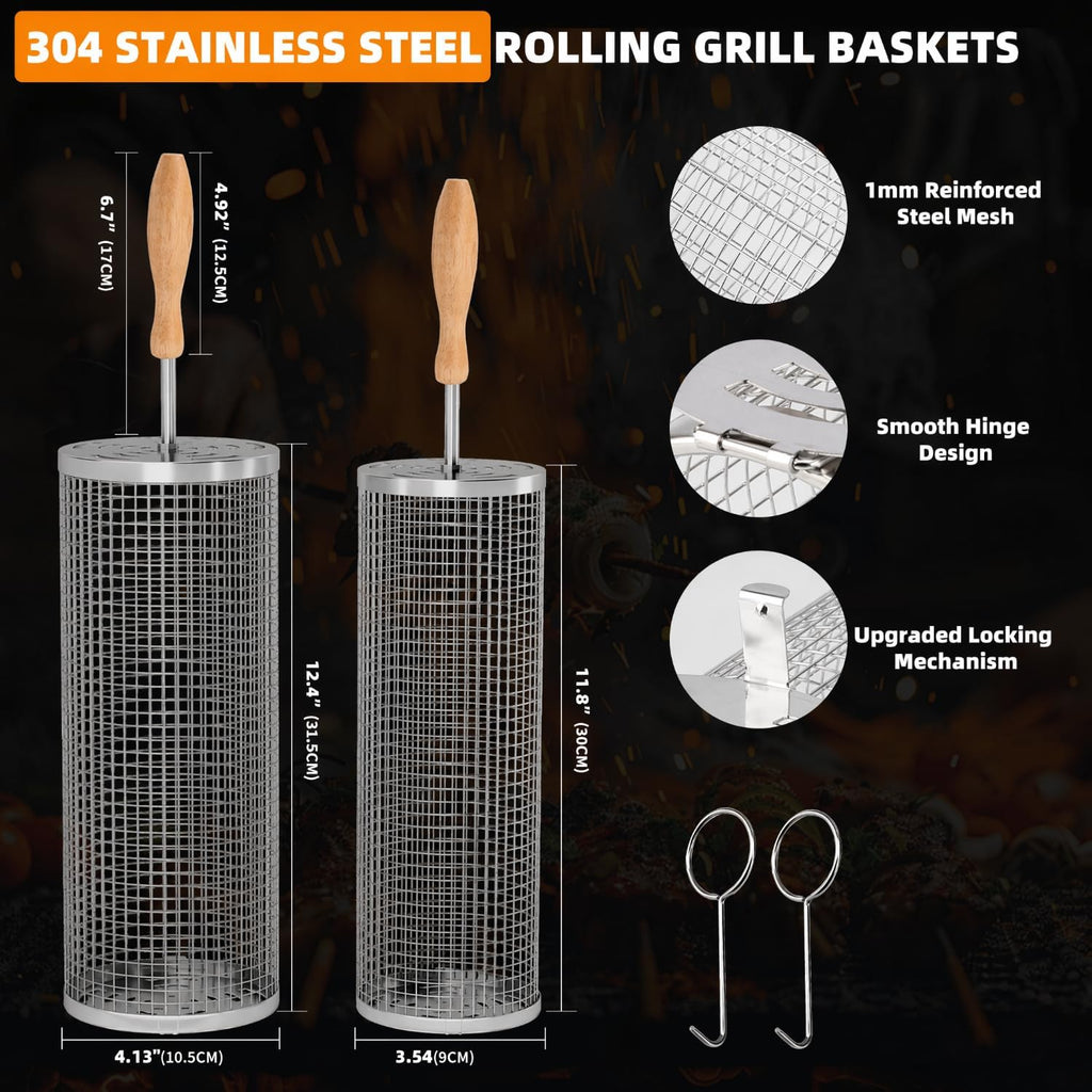 Rolling Grill Baskets, 304 Stainless Steel Grill Basket BBQ Tools | Grill Vegetable, Removable Handle, Heat Resistant, Dishwasher Safe, Nesting Storage, Outdoor Camping, BBQ Gifts for Men Dad