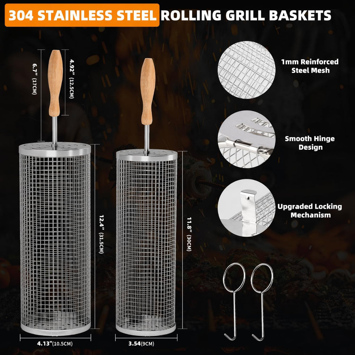 Rolling Grill Baskets, 304 Stainless Steel Grill Basket BBQ Tools | Grill Vegetable, Removable Handle, Heat Resistant, Dishwasher Safe, Nesting Storage, Outdoor Camping, BBQ Gifts for Men Dad