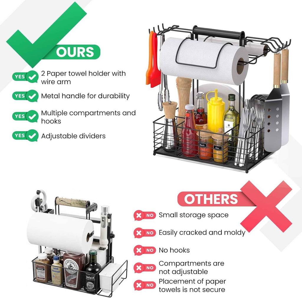 Grill Caddy for Outdoor Grill with 2 Paper Towel Holders,Barbecue Tool Sets Storage Organizer,BBQ Caddy for Outdoor Grill with 9 Compartments & 8 Hooks,Picnic Caddy Grilling Gifts for Men