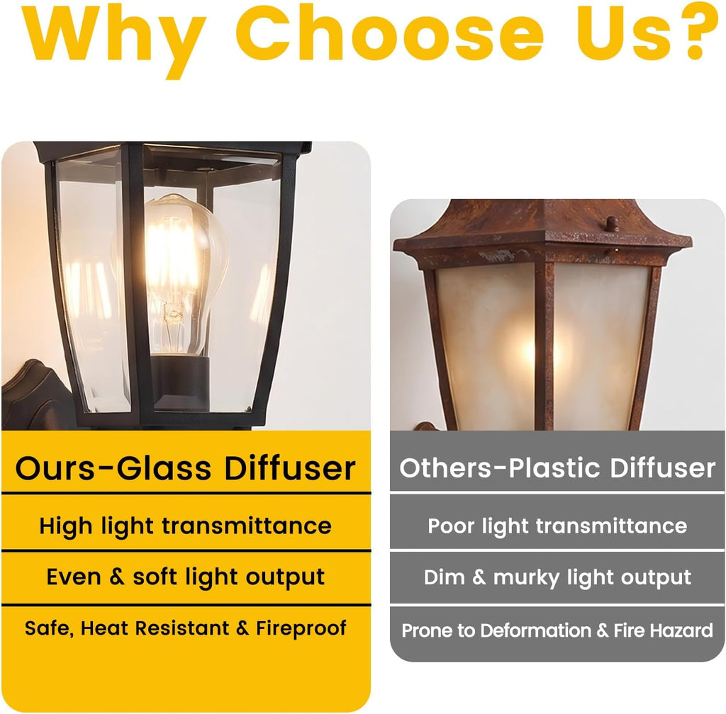 Dusk to Dawn Outdoor Light Fixture, E26 Outdoor Porch Light | Aluminum & Glass Photocell-Controlled Outdoor Wall Light E26 60W max, IP65 Waterproof ETL UL CSA Listed Wall Lantern, Black