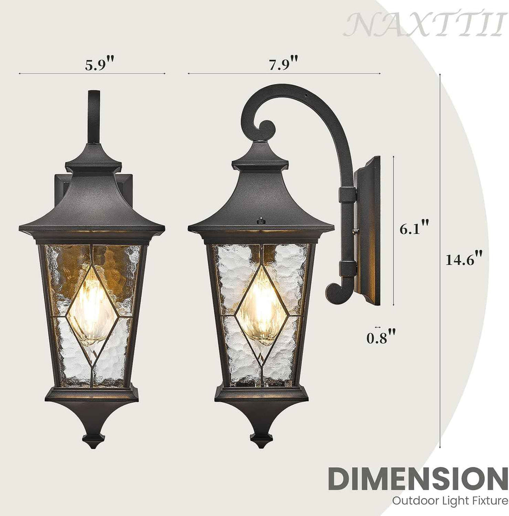 Outdoor Sconce Lights Black Porch Lights Outdoor Aluminum Waterproof Exterior Lighting Fixtures with Water Ripple Handmade Solder Glass E26 Socket
