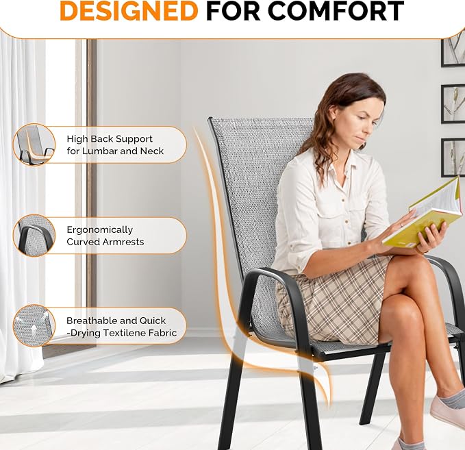 VINGLI Patio Chairs Set of 6 – Stackable Outdoor Dining Chairs - Image 4