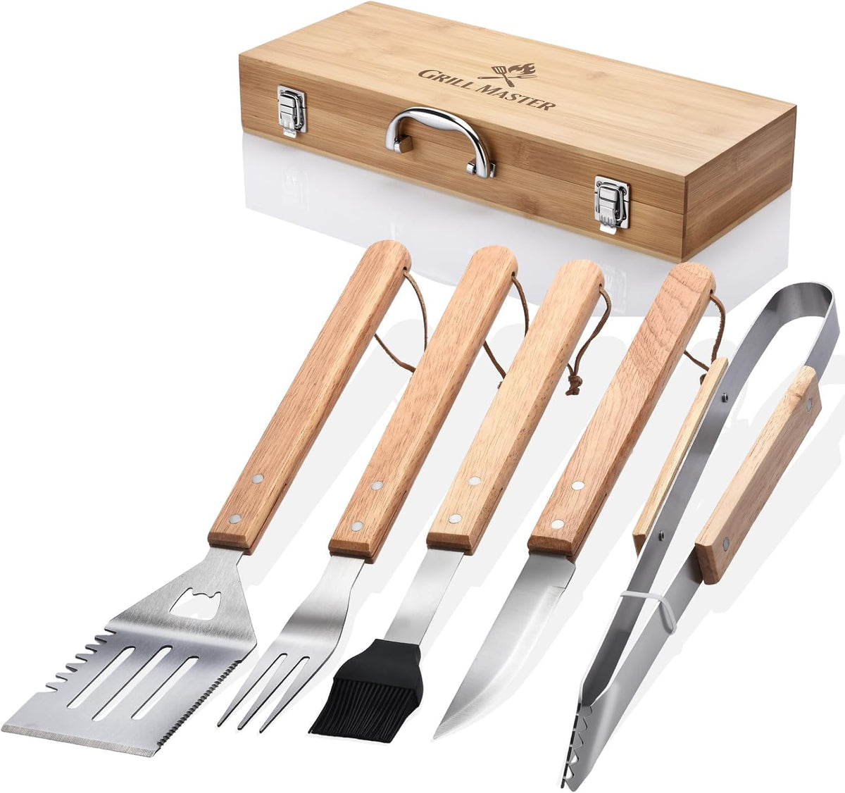 5-Piece BBQ Tools Set with Bamboo Case, Wooden Handle Stainless Steel Grill Accessories for Outdoor Cooking,Camping and Barbecue