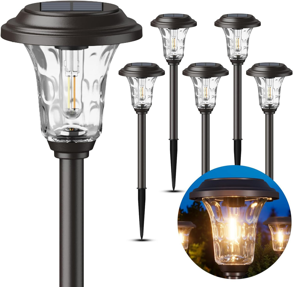 XMCOSY+ Solar Lights Outdoor, 6 Pack Metal Glass Solar Pathway Lights | Bright 20/40LM Landscape Lighting with Warm/Cool White, Solar Powered Waterproof Lights for Yard, Path, Walkway, Driveway