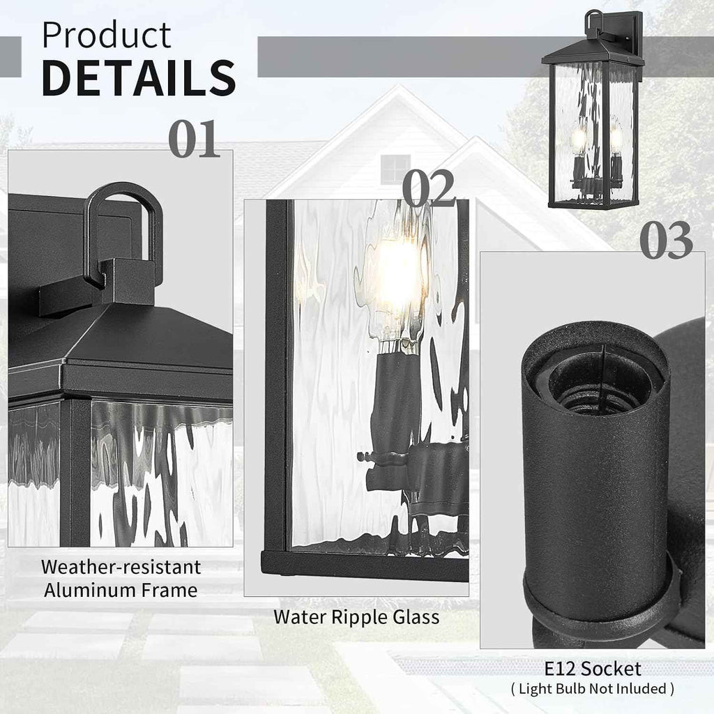 Darkaway Outdoor Wall Lights, Exterior Lighting Fixtures Wall Mount Porch Lights Waterproof Outdoor Sconce with Water Ripple Glass E12 Socket for House Patio Hallway Garage