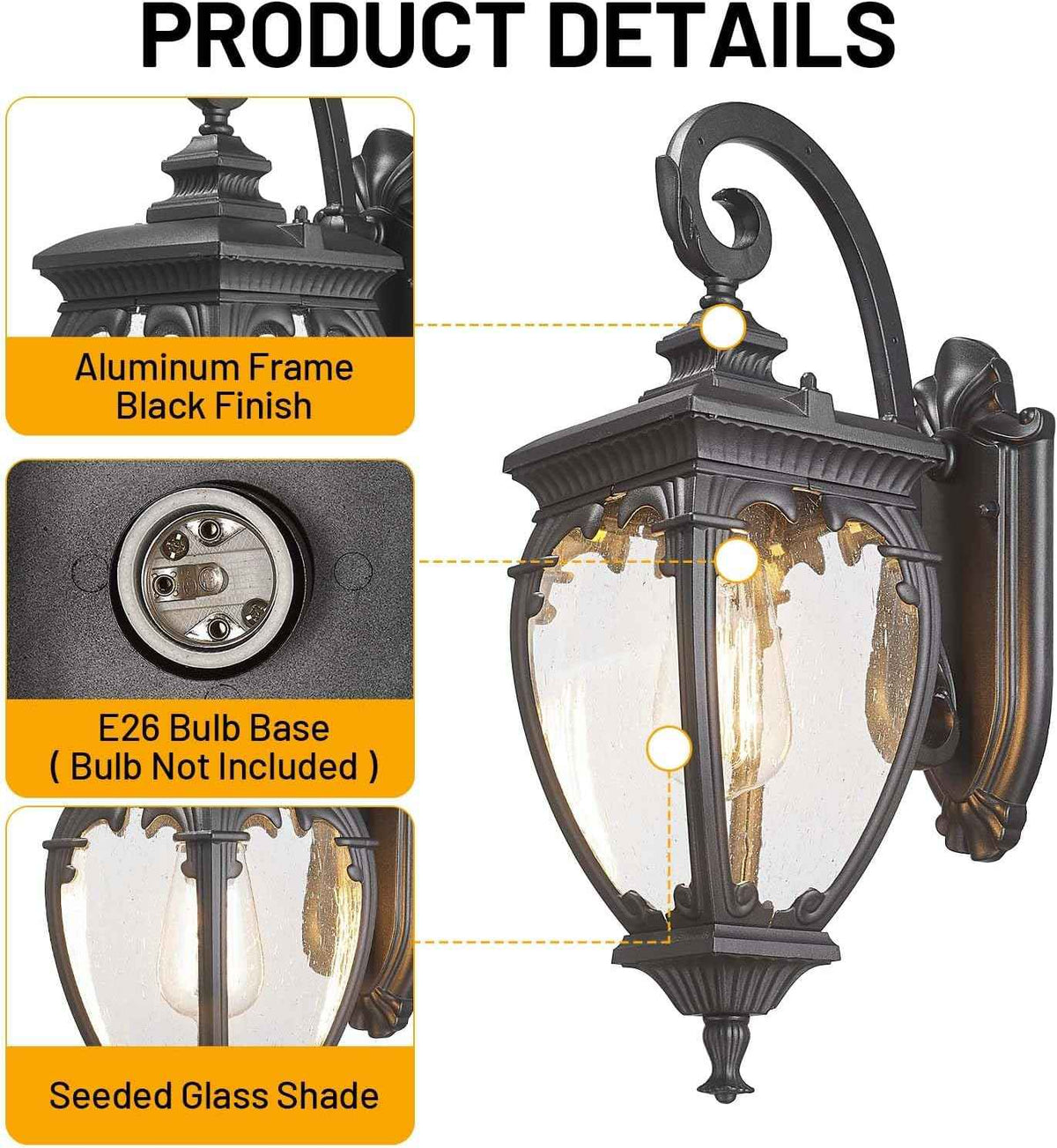 Porch Lights Outdoor Wall Lights Exterior Sconce Light Fixtures | 18.7" Aluminum Outdoor Wall Lantern with Seeded Glass, Waterproof Black Exterior Light Fixtures for Porch House Outside Patio