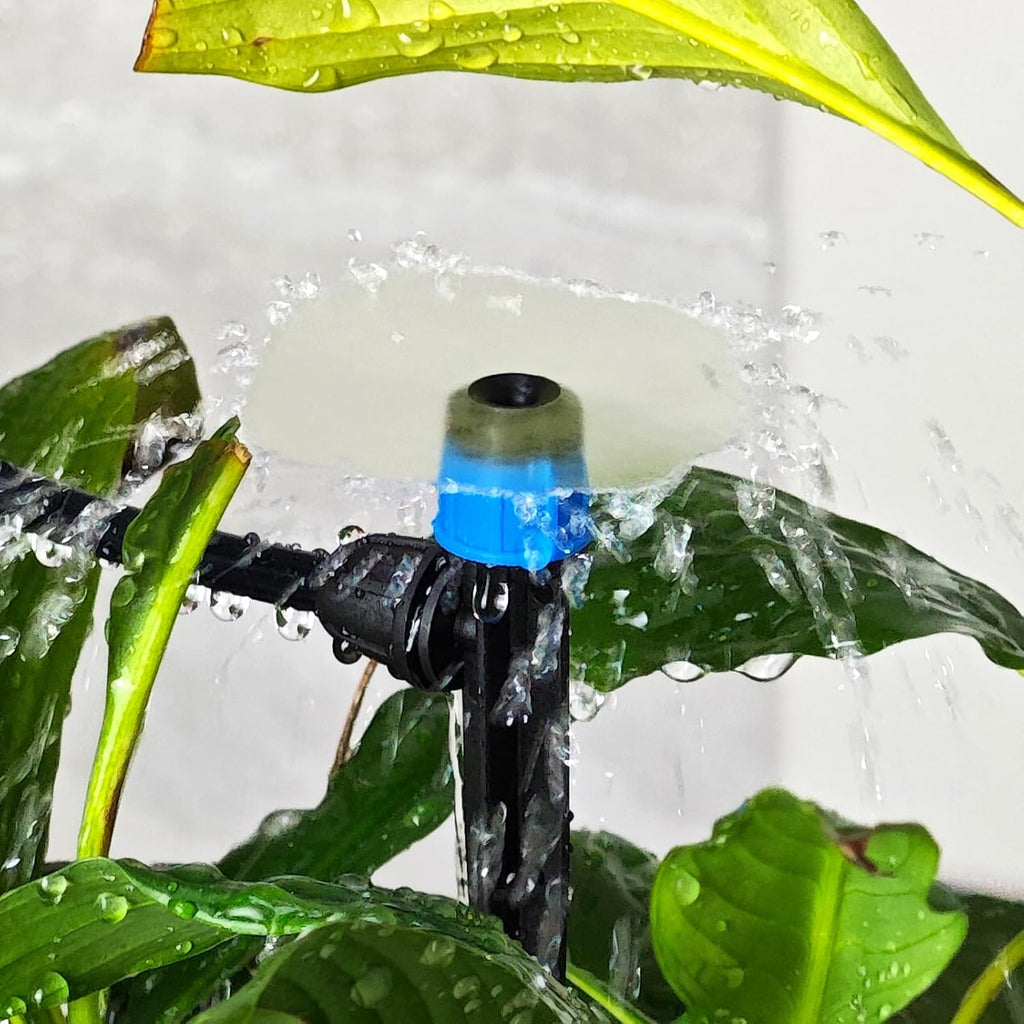 Gardrip 55 Pieces Drip Emitters Fan Shape with Stake for 1/4" Irrigation Tubing: Adjustable 360 Degree Water Flow Irrigation Universal Vortex Sprayer On 5" Stake Drip Pipe Sprinklers Fittings