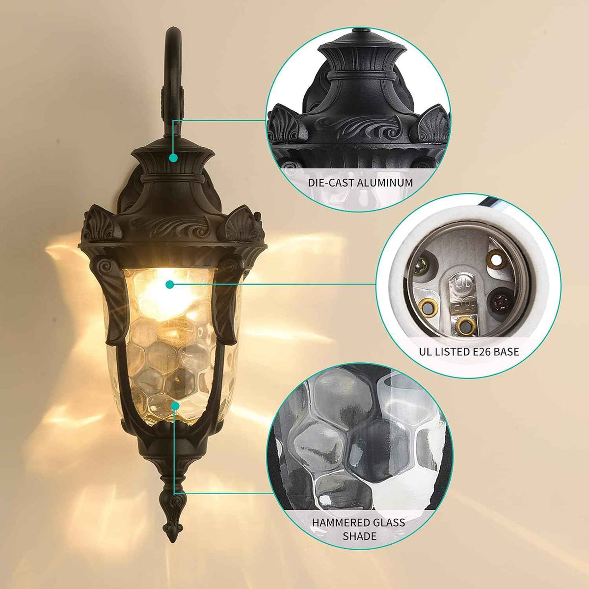 LONEDRUID 20.47" Outdoor Wall Light Fixture Black Exterior Wall Lantern | Outside Waterproof Sconce Rustic Porch Lights Wall Mount with Hammered Glass Shade for House