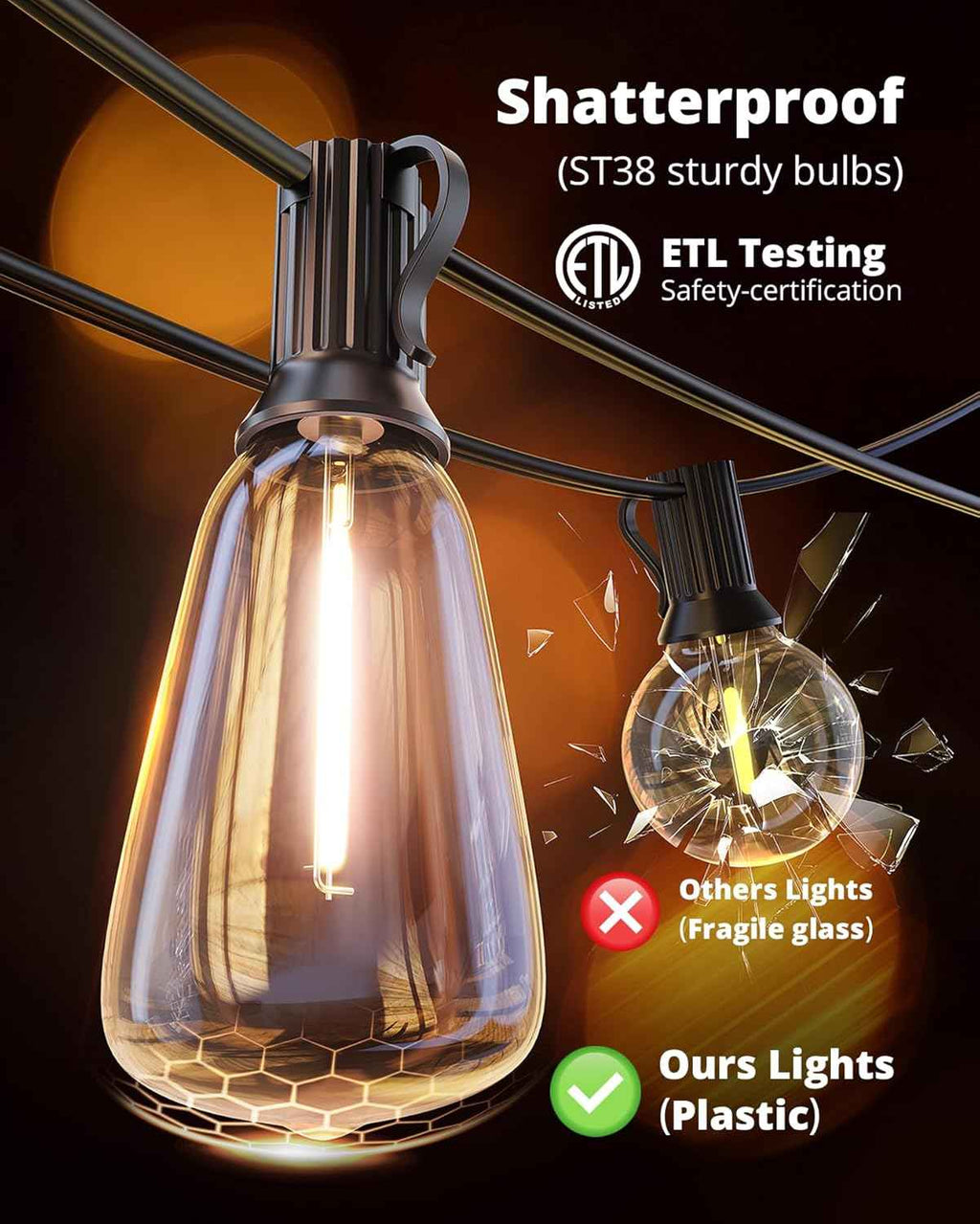 VIPAR Outdoor Lights,100FT ST38 Patio String Lights Waterproof for Outside | ETL, Vintage LED Edison Bulbs,Connectable, Shatterproof,Waterproof,2700KDimmable for Backyard Porch Balcony Garden Deck Decor