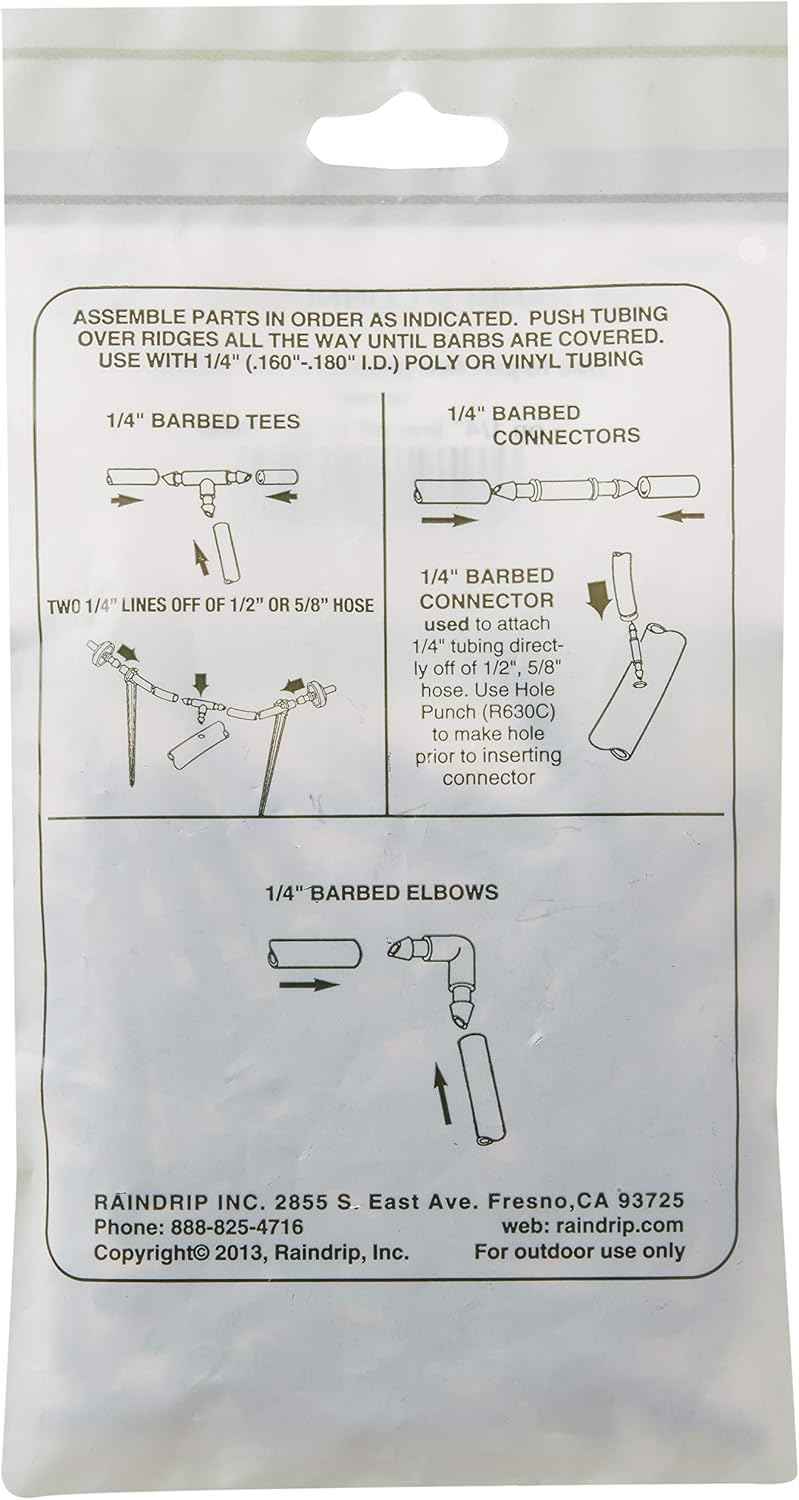 Raindrip 312050B Drip Irrigation Fittings Single Barbed Coupling Connectors, 1/4-Inch, 50 Per Bag, for Trees, Shrubs, Gardens, Black