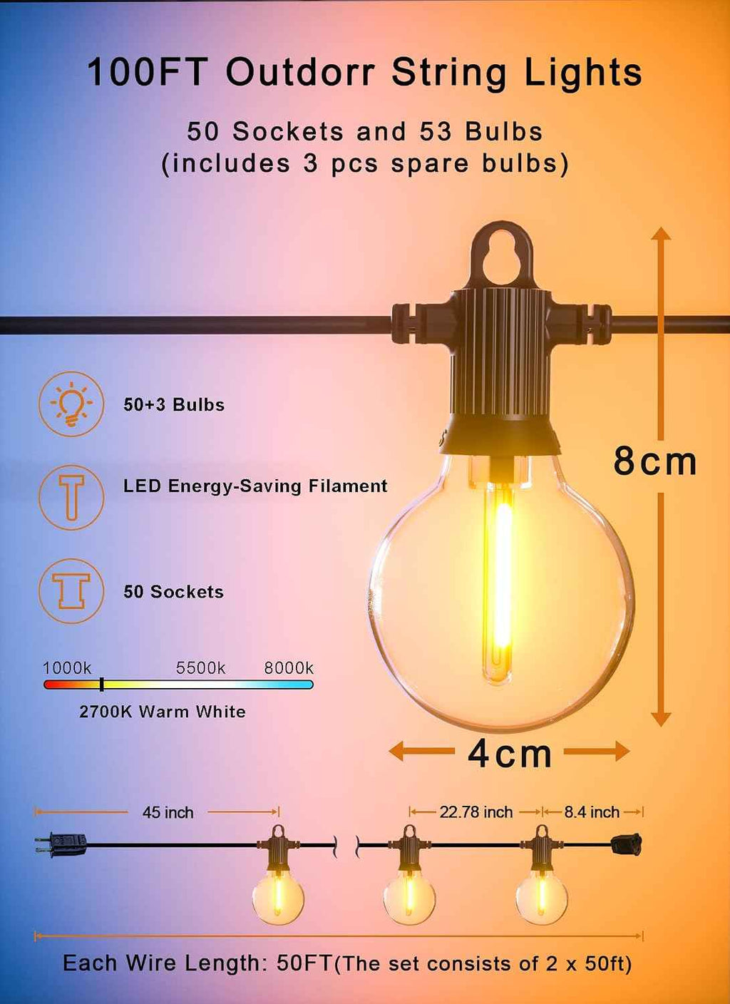 Zuske Outdoor String Lights, 100FT Patio Lights with 53 Shatterproof G40 Globe Bulb(3 Spare), Waterproof Connectable Dimmable LED Hanging Lights for Outside Backyard Porch Balcony Gazebo (2x50FT)