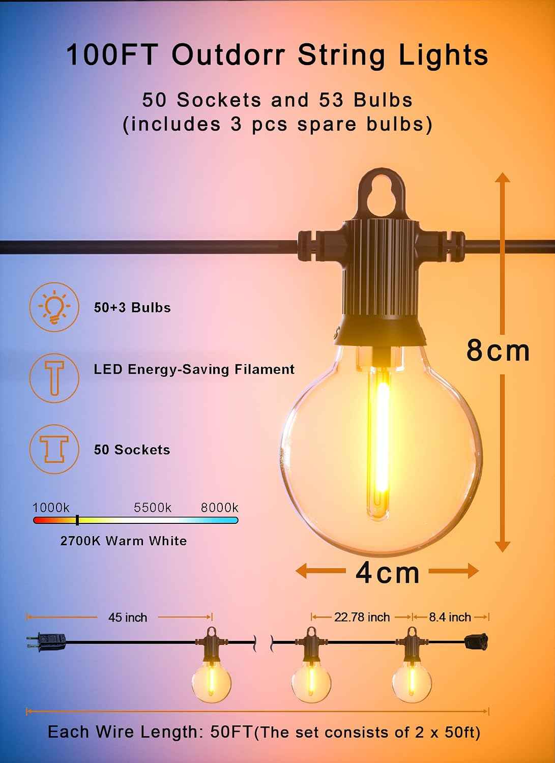 Zuske Outdoor String Lights, 100FT Patio Lights with 53 Shatterproof G40 Globe Bulb(3 Spare), Waterproof Connectable Dimmable LED Hanging Lights for Outside Backyard Porch Balcony Gazebo (2x50FT)