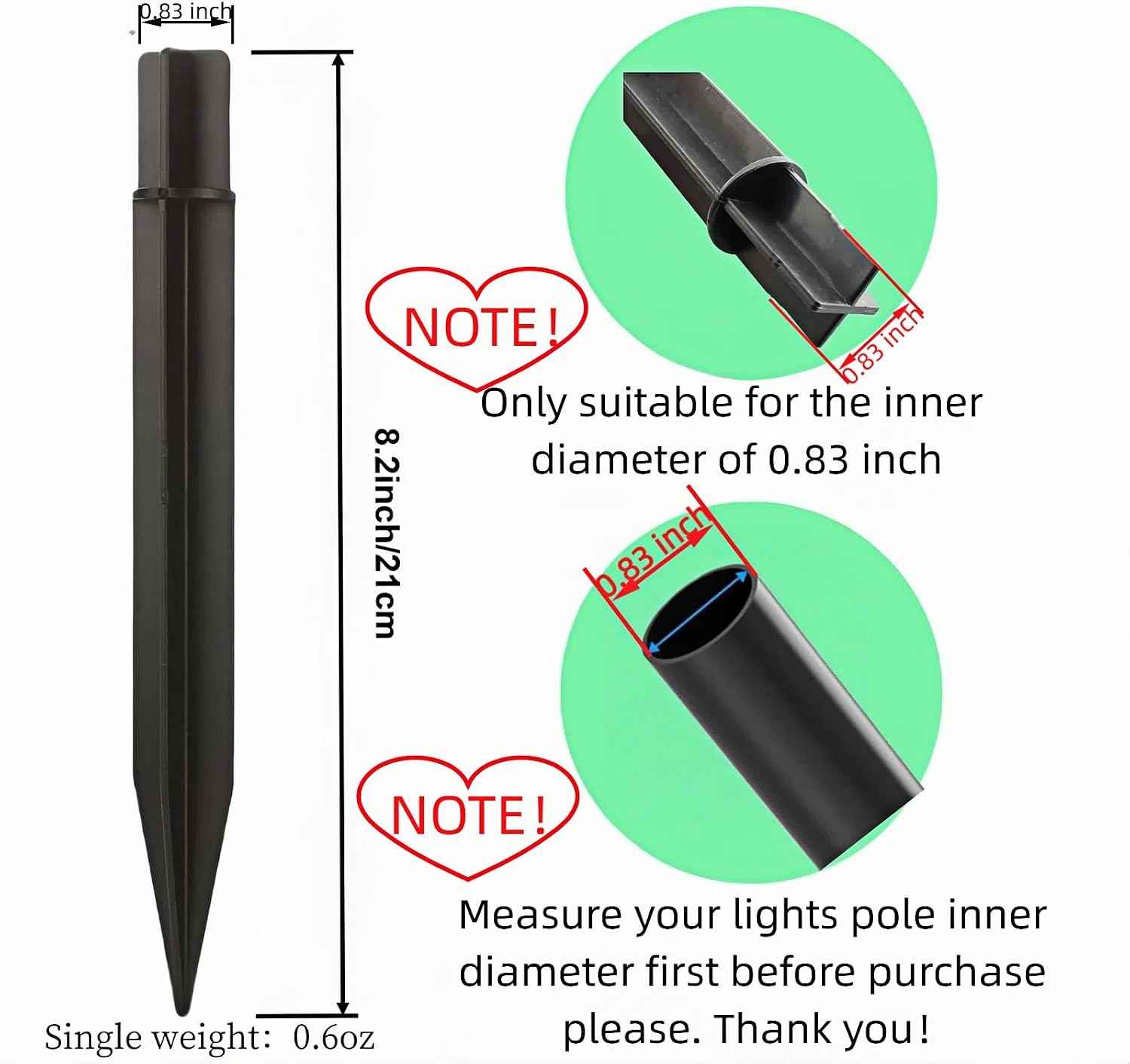 8.25" Reinforced ABS Plastic Solar Ground Spikes - Durable Solar Light Replacement Stakes for Garden, Pathway, Deck, Camping, Christmas Lights (Fits 0.83" Inside Diameter) (Black-2 Pack)