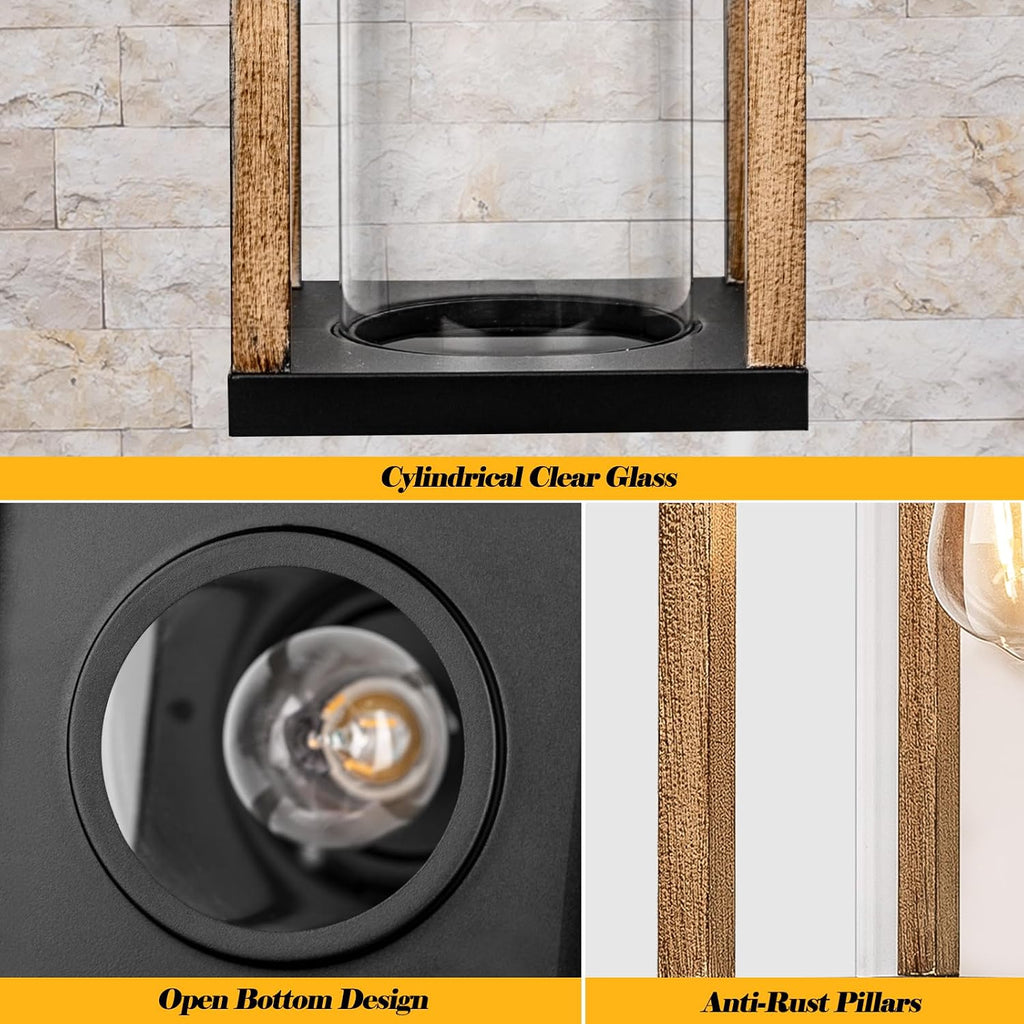 Outdoor Wall Light Rustic Wood Cylindrical Glass 17” Large | 1 Pack Exterior Wall Sconce, Farmhouse Porch Light Fixture Outside IP65 Waterproof, Patio Porch Courtyard, ETL List